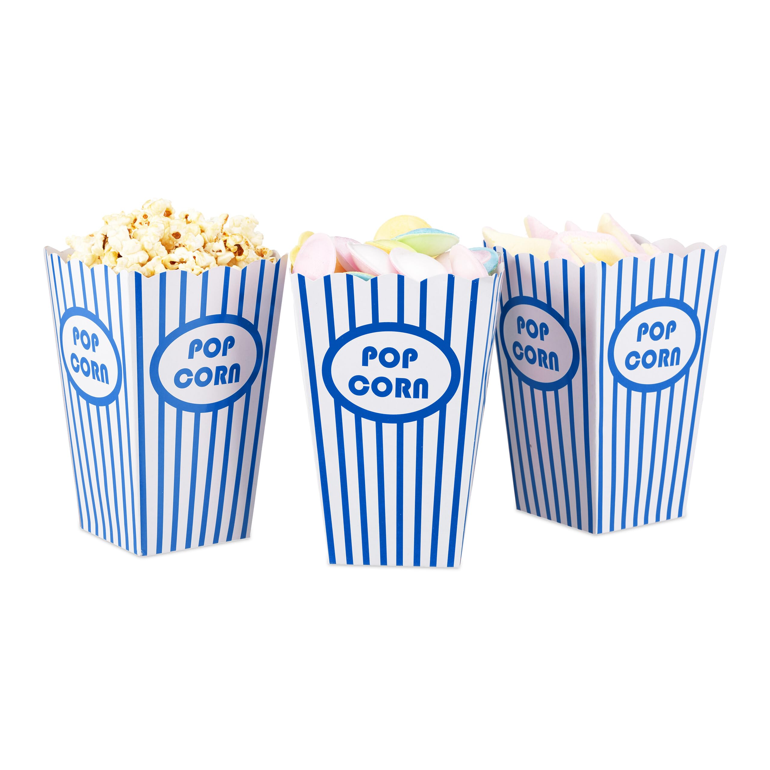 Relaxdays Popcorntüten, 144er Set, gestreift, Retro-Optik, Kino, Filmabend Zubehör, Pappe, Popcornbehälter, blau/weiß