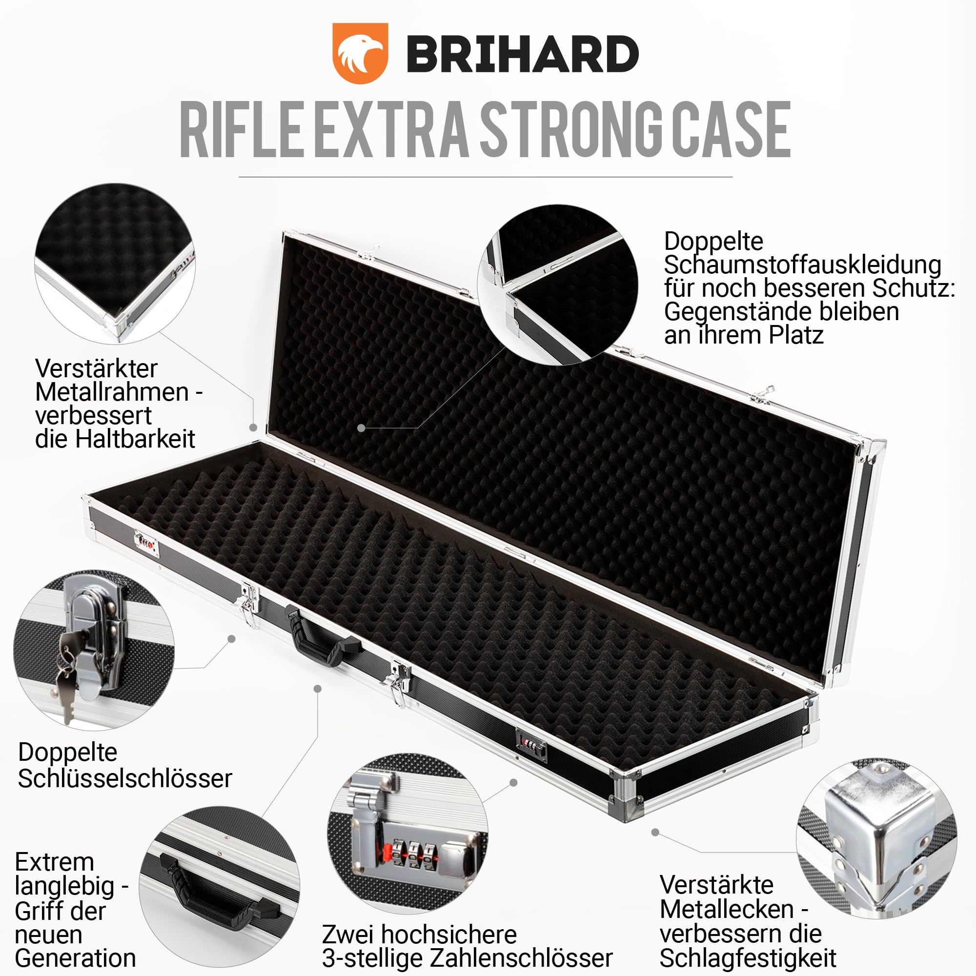 Rifle Extra Strong Case je Zwei Kombinations- und Schlüsselschlösser, Waffenkoffer mit Alurahmen, große Waffenaufbewahrung Schaumgepolstert, Sichere Tragetasche für Jagdwaffen und Munition