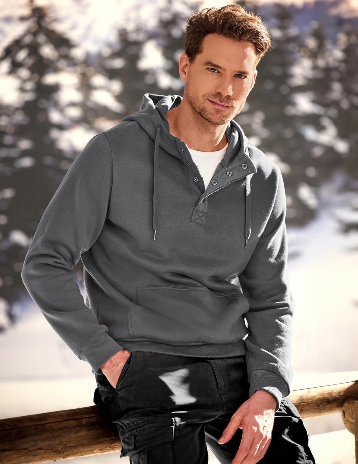 JMIERR Mens 2025 Casual Fahsion Fall Hoodie Pullover Quarter Drawstring Fleece Winter Button Hooded Shirt with Pocket - Image 3