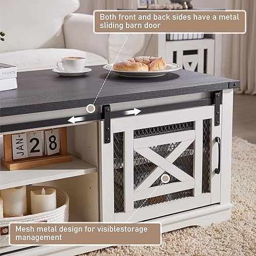 Miniatura 5 de JXQTLINGMU Mesa de centro rústica con puerta corrediza de granero de doble cara y estantes de almacenamiento para sala de estar color blanco
