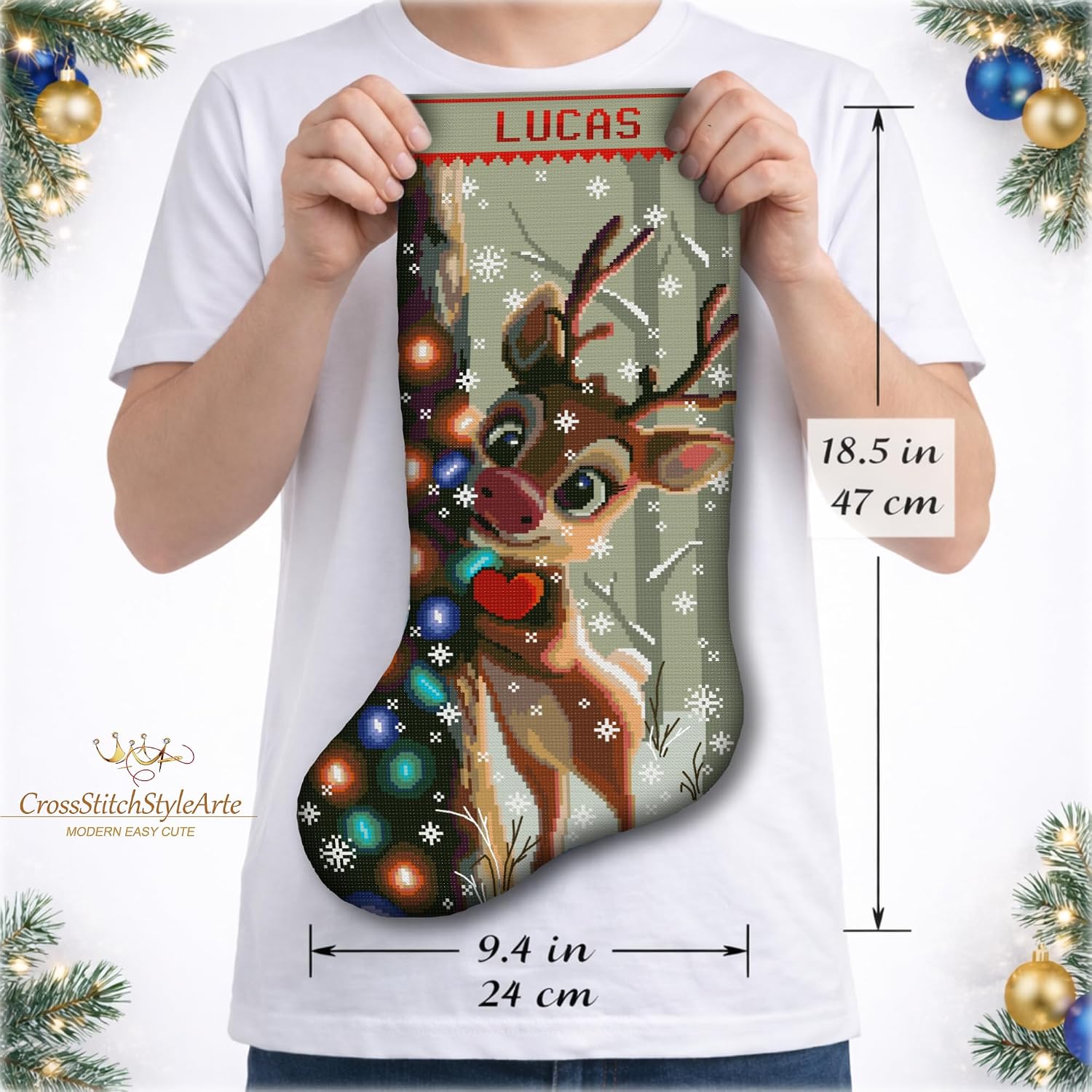 Christmas Stocking Cross Stitch Kit for Adults, 2-in-1 Stamped and Counted AIDA 14, Cute Reindeer Deer with Christmas Lights, Personalized Woodland Animals DIY Embroidery Kit
