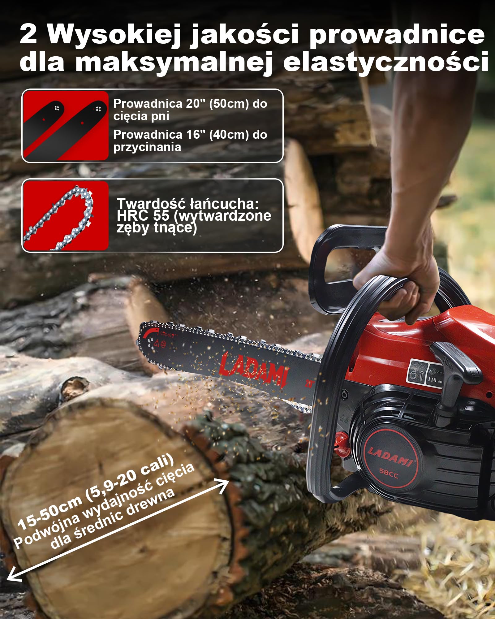 Benzynowa piła łańcuchowa 58CC Profi,2-suwowa piła łańcuchowa 3,5 KM, z mieczem 20" i 16", 2 łańcuchy, tłumienie wibracji, wyłącznik bezpieczeństwa, spalinowa piła do pielęgnacji drzew, prace