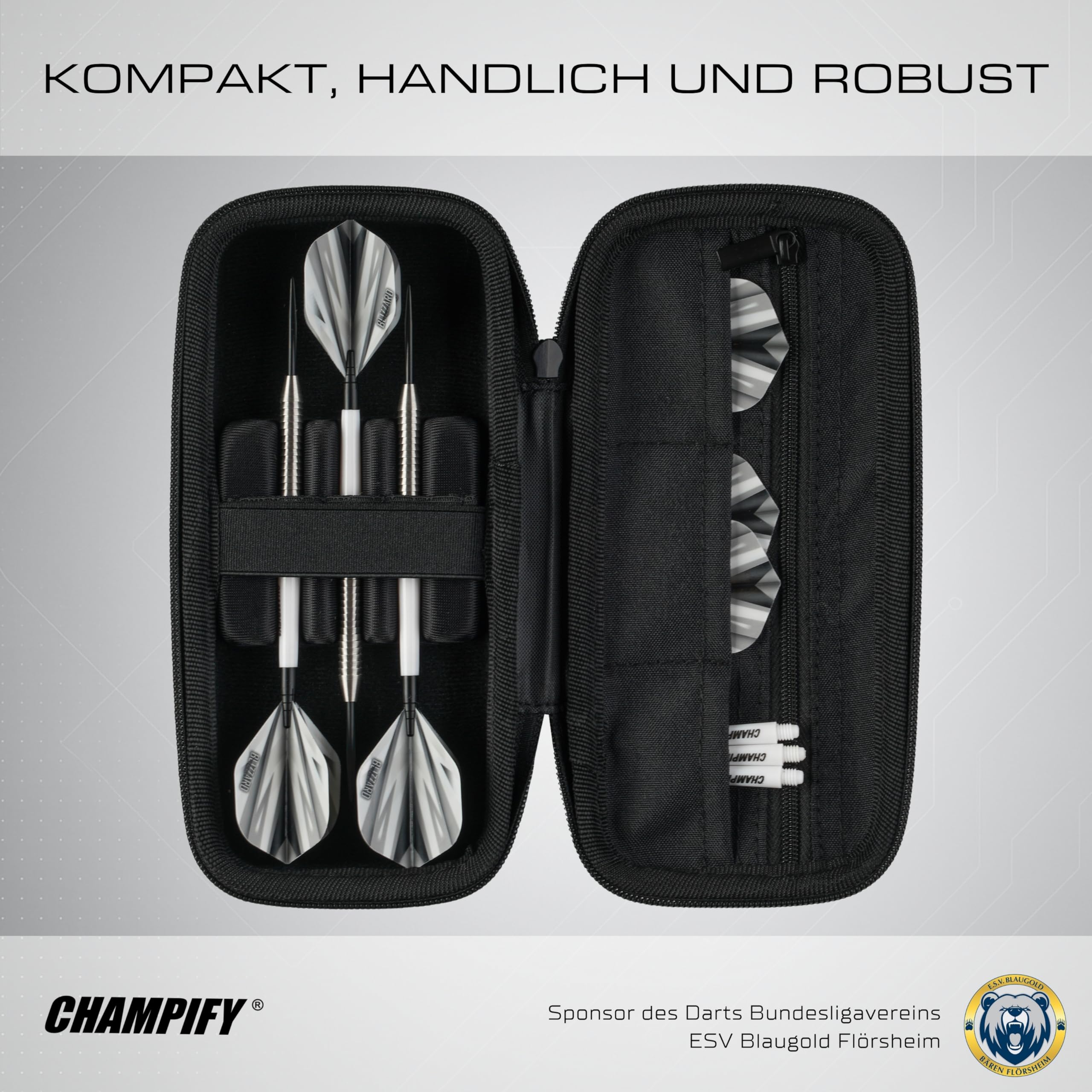 Champify® Darttasche mit Haltesystem gegen Verrutschen der Dartpfeile | Hard-Case zum Schutz für 3 Steeldarts oder Softdarts und vielen Taschen für Dart Flights und weiteres Darts Zubehör