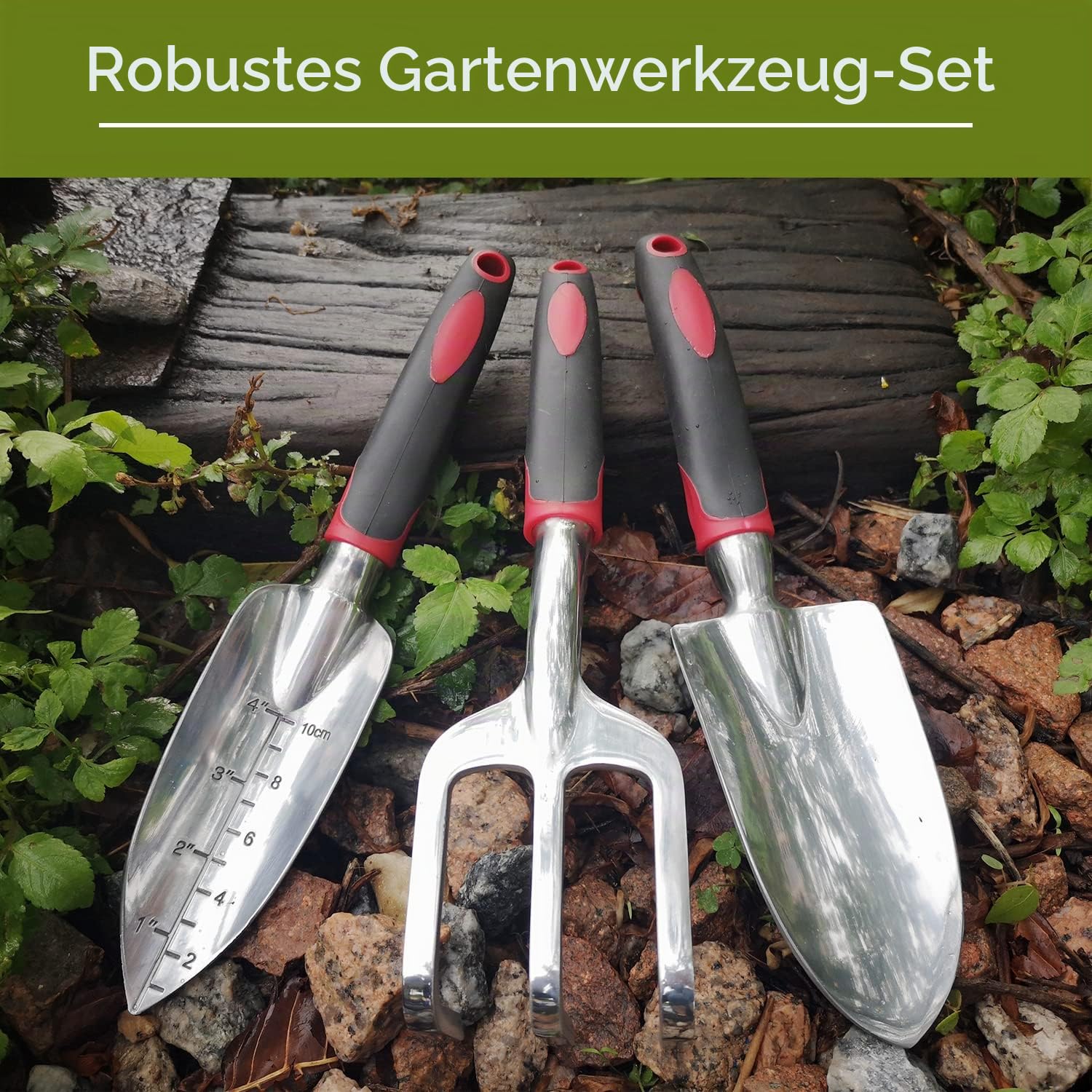 FANHAO 3-teiligem Gartenwerkzeug Set, Gartengeräte Set aus Edelstahl, Gartenset Werkzeug, Handkelle, Pflanzkelle, Harke (Rot)