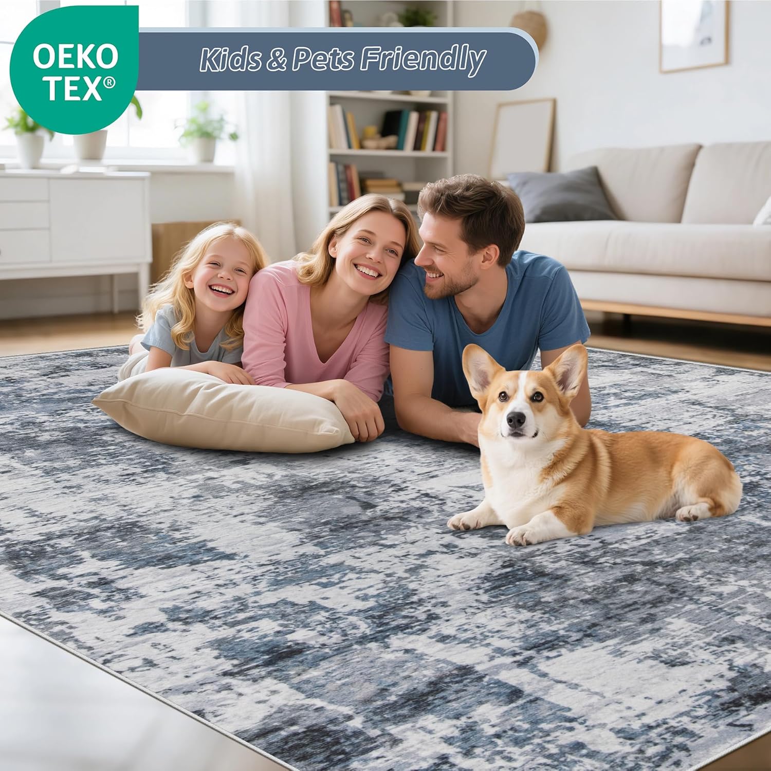 5x7 Area Rugs for Living Room: Washable Abstract Modern Rug Large Neutral Non Slip Soft Stsin Resistant Indoor Carpet for Bedroom Nursery Dining Room Home Office (Blue White 5'x7')