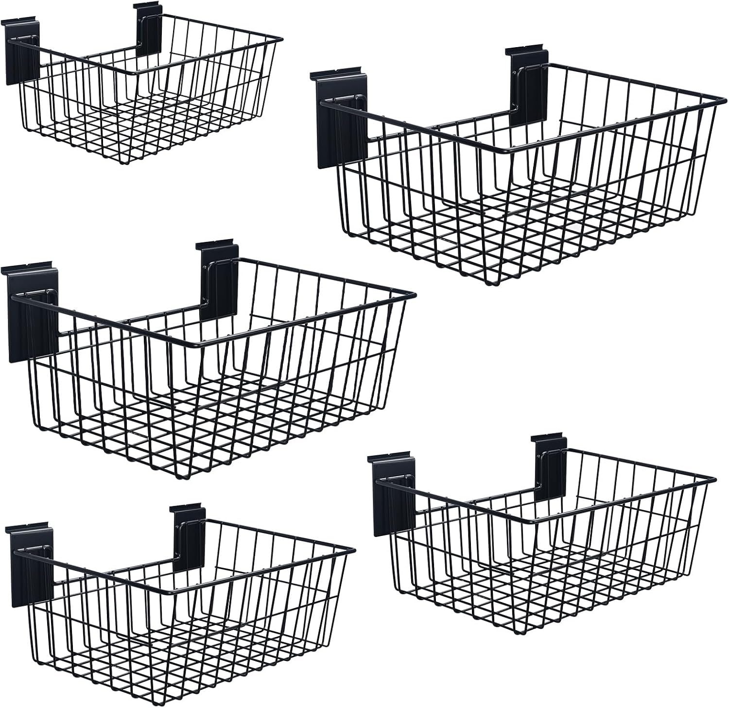 Slatwall Baskets, 15-Inch Width Heavy Duty Steel Wire Slat Wall Hanging Basket - Versatile Slatwall Accessory for Retail, Garage, Office, Sports, Toys, and More (5 Pack)