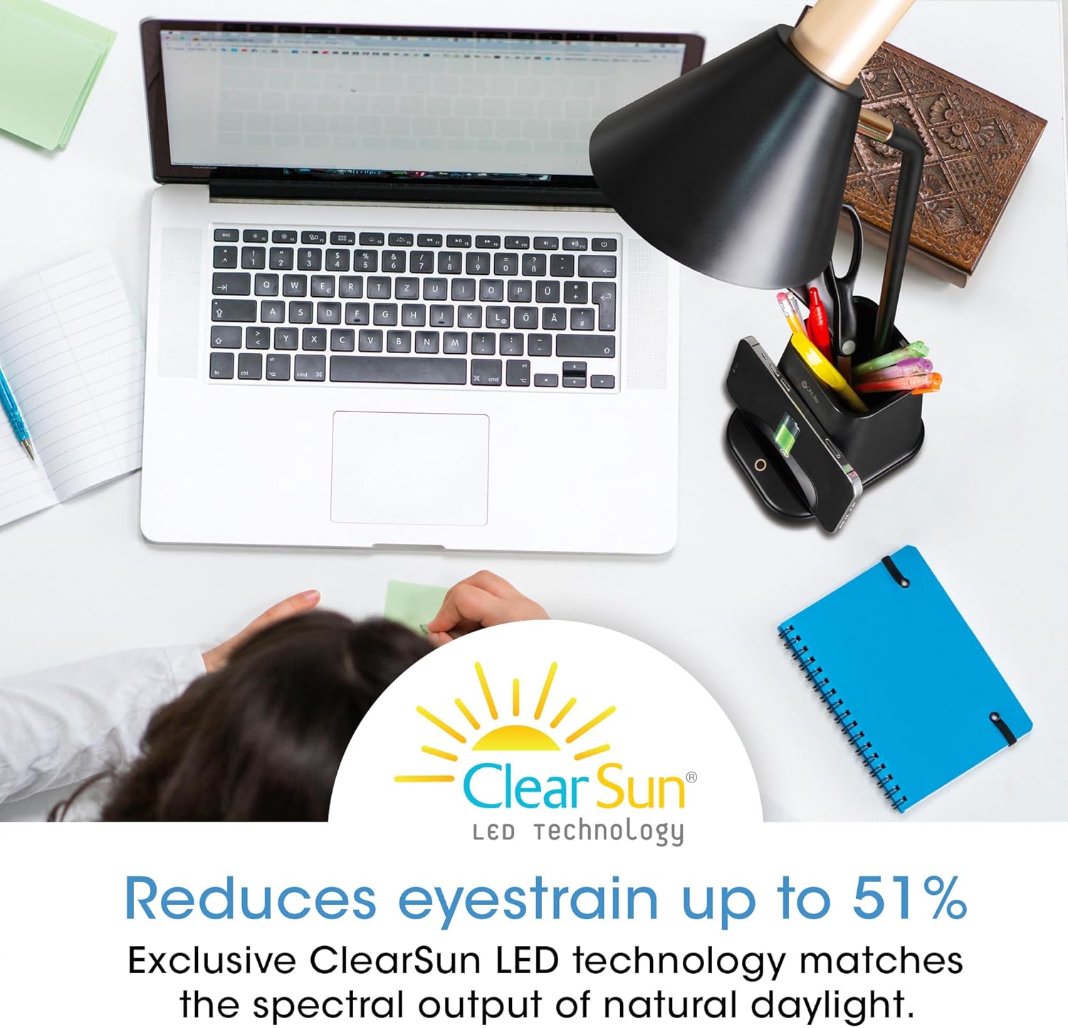 OttLite Merge LED Desk Lamp with Wireless Charging - ClearSun LED Technology, 3 Brightness Settings & Color Temperature Modes with Touch Activated Controls - Includes Storage Area for Desk Supplies