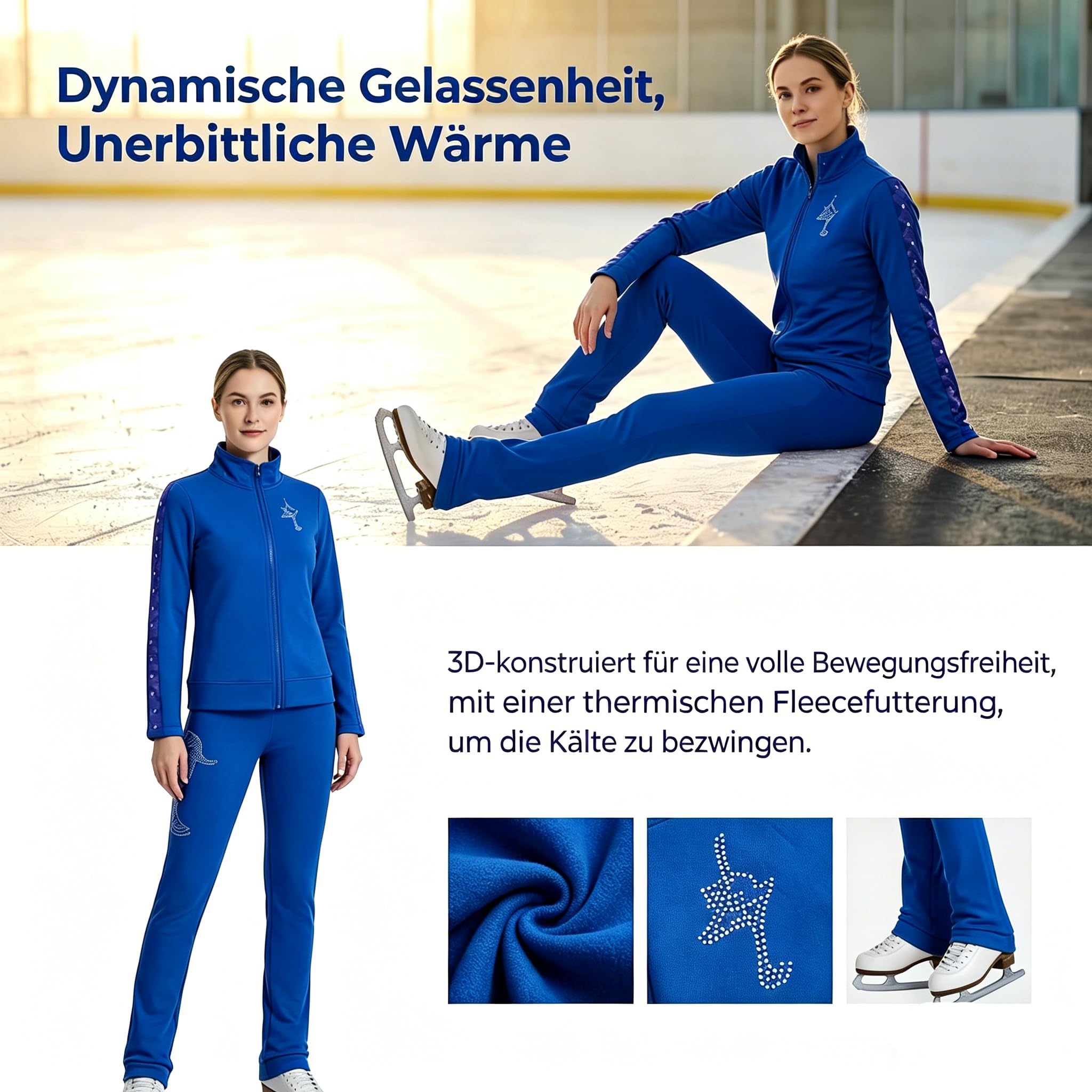 Mädchen Eiskunstlauf Trainingsanzug, fleecegefüttert, elastische Jacke & Hose, warmes Eissport Outfit