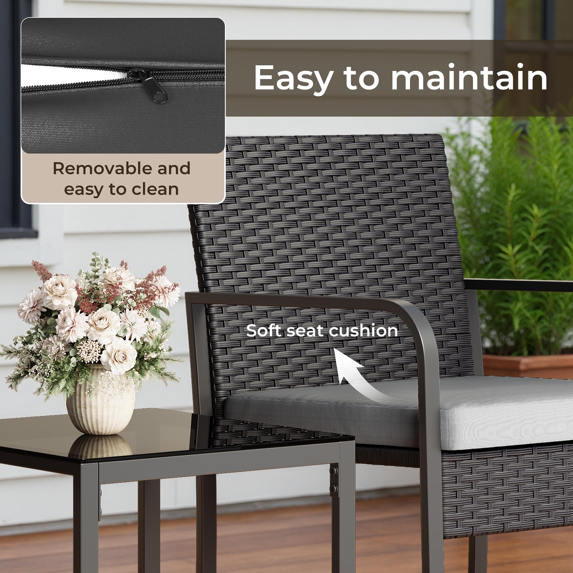Set Giardino in Rattan per 2 Persone, Mobili da Esterno in Vimini con Cuscini, Tavolino e 2 Sedie per Terrazza, Balcone, Giardino o Piscina (grigio)