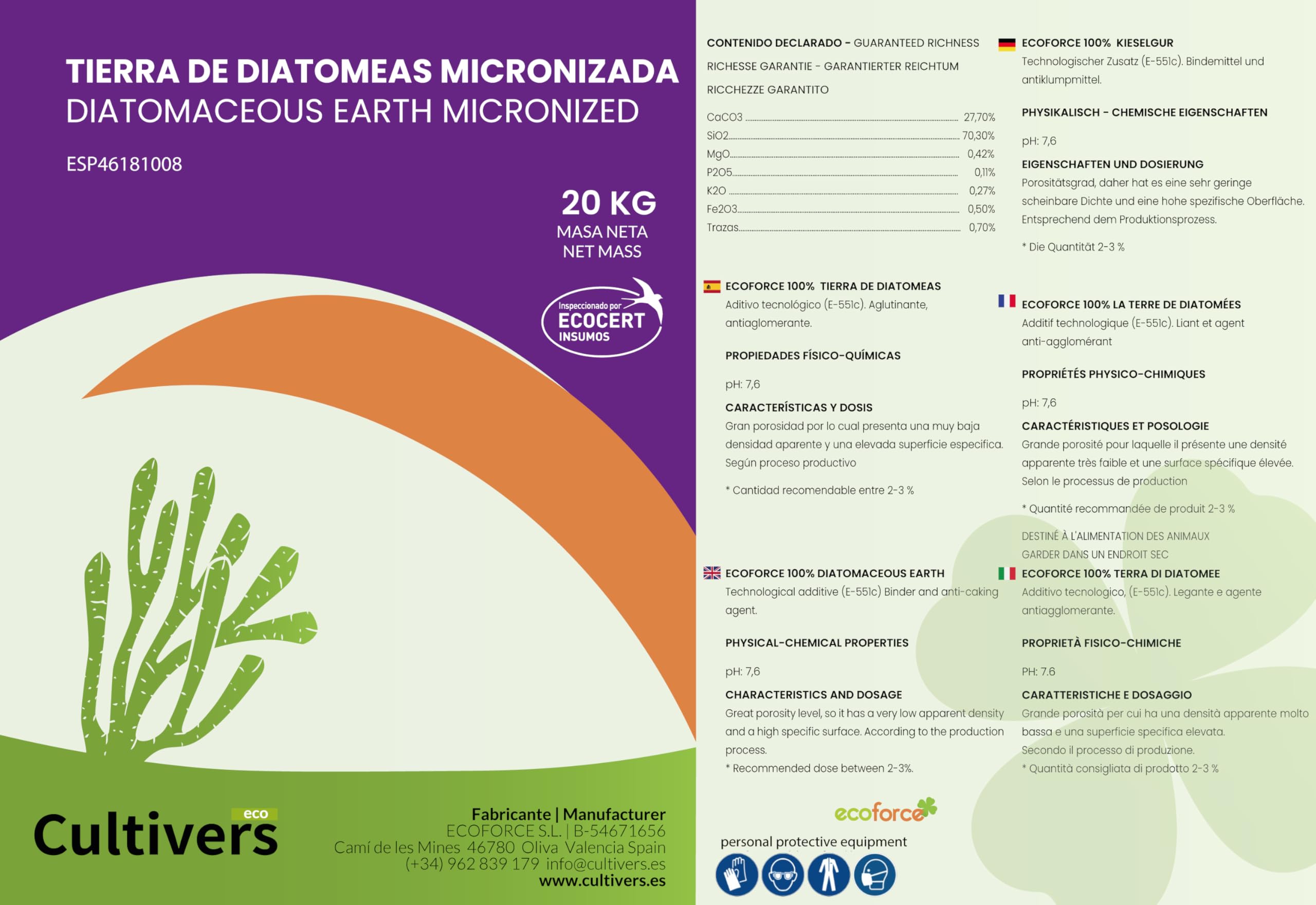 CULTIVERS Tierra de Diatomeas Ecológica Micronizada 20 kg | Polvo ultrafino de origen natural | Producto certificado por Ecocert | Materia prima de algas fosilizadas con contenido natural en sílice