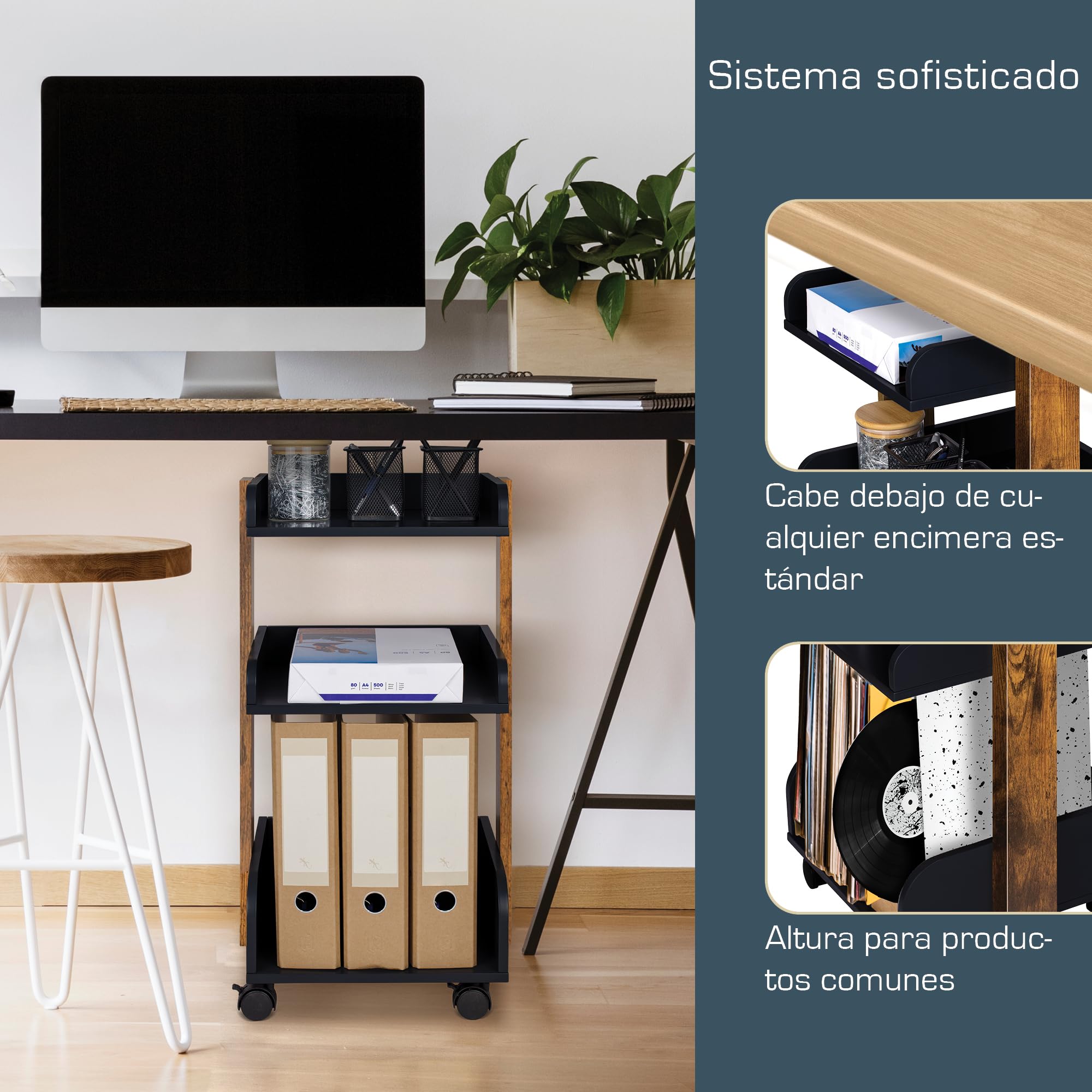 bomoe Carro de Cocina con 4 Ruedas bloqueables y 3 estantes Bosse - Madera FSC® Carro para Servir Carro para Manualidades Mesa Mueble Auxiliar Cocina 32x35x69cm Negro y Marrón