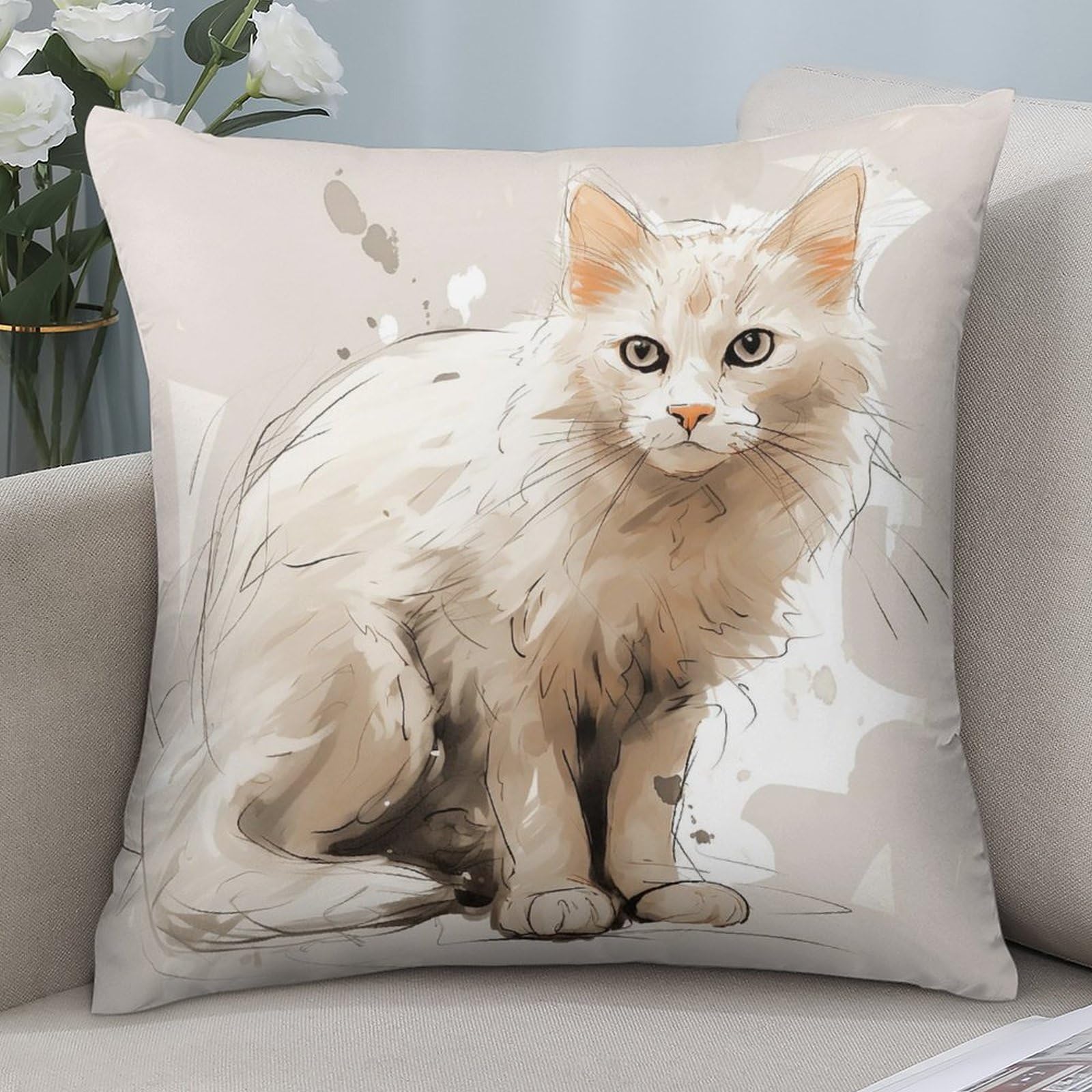 NONHAI Throw Pillow Covers 16"x16" White Cat Pictures Pillow Covers Decorative Square Pillowcases Soft Cozy Cushion Cases for Couch Sofa Bed Bedroom Living Room