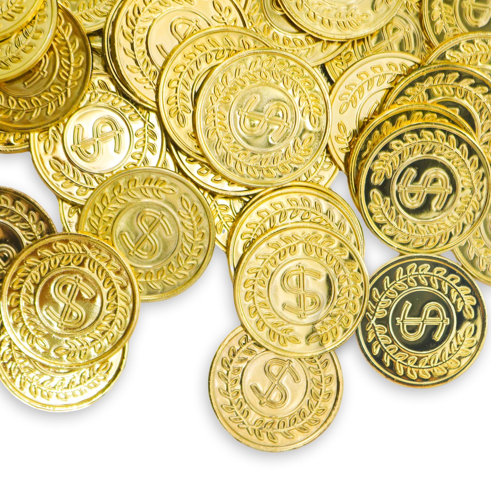 soitzhoc 100 piezas monedas de plastico，dinero de juguete，monedas de oro falsas,monedas juguete，monedas de oro de juguete para la caza del tesoro y los regalos de fiestas