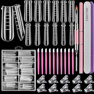 Dual Nail Forms Set,TsMADDTs Clear Acrylic Coffin Nail Forms Set with 120pcs Gel Nail Molds 10pcs Clear Nail Tips Clips,Nail Gel Brush Pen Nail Files Buffer Cuticle Pushers,Nail Extension Forms Set