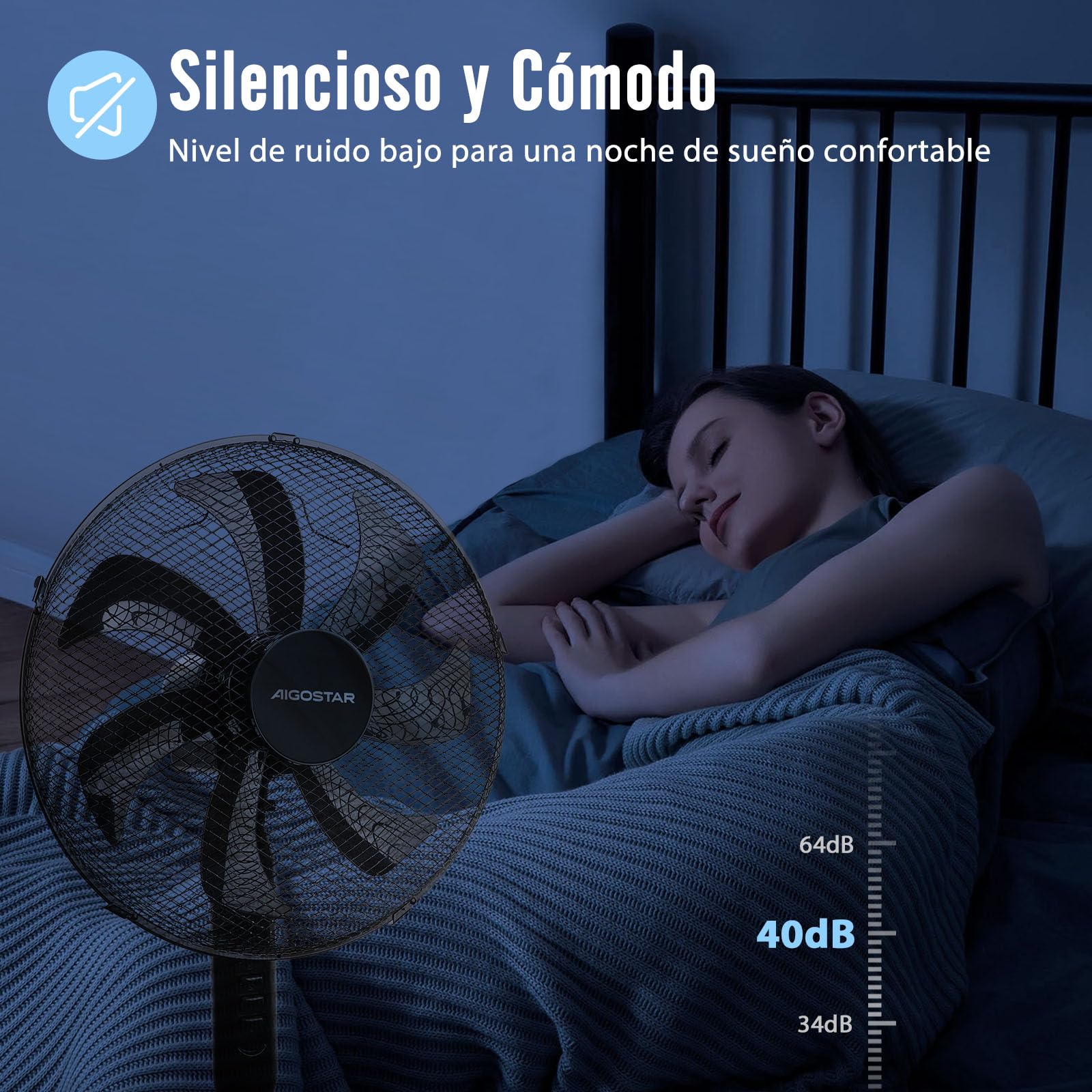 Aigostar Ventilador de Pie con 7 aspas, 50W, diámetro 41 cm. Ventilador de pie silencioso oscilante 75°, 3 Velocidades y altura ajustable 108-125cm. Silencioso para dormir. Color Negro. Elsie