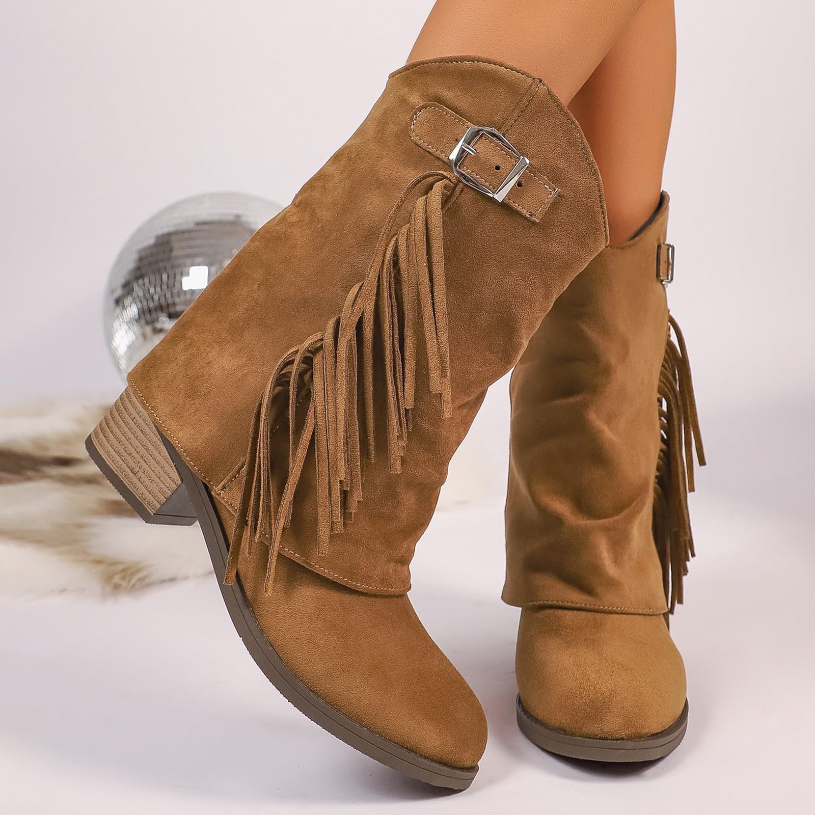 Stivali da cowboy da donna, a metà polpaccio, stile western, con tacco a blocco, bassi antiscivolo, scarpe vintage casual con fibbia, calzature per attività all'aperto, per concerti di musica country