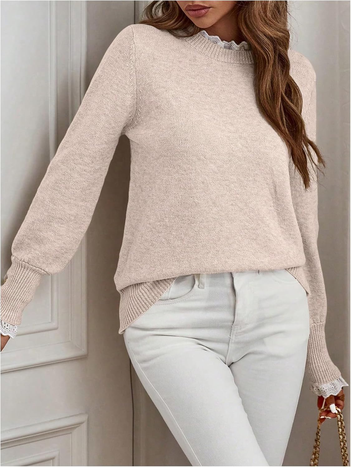 MakeMeChic Women's Fall Sweaters Lace Peplum Mock Neck Cozy Sweater Pullover - Image 5