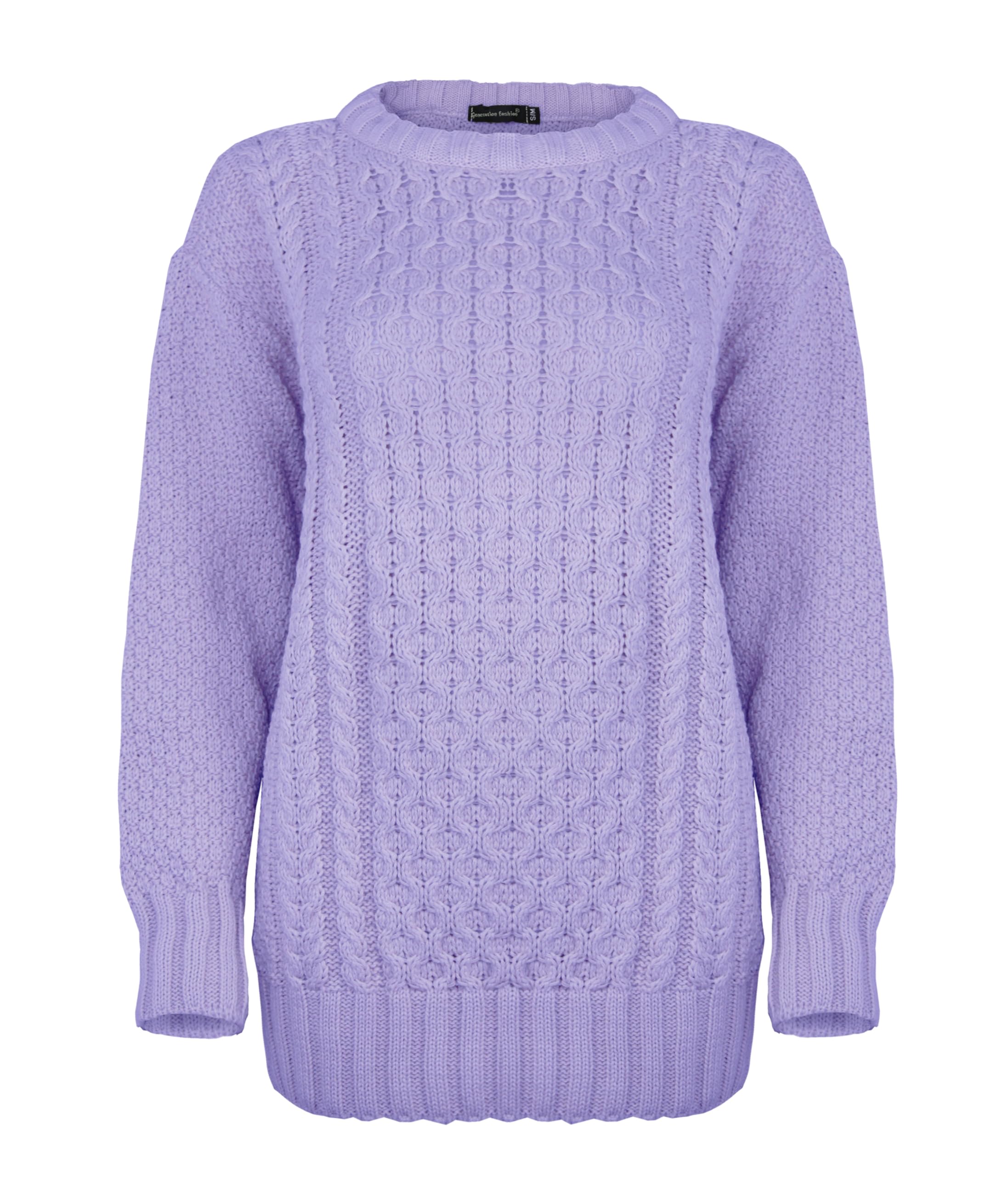Generation Fashion New Ladies Women Aran Knit Long Sleeve Crew Neck Knitted Cable Jumper Sweater Pullover Top 8-30 (Lilac,28-30)