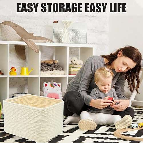 Miniatura 5 de Cestas de almacenamiento para estantes, cesta tejida de cuerda de algodón con asas para organizar, paquete de 3 cestas decorativas de 15 x 11 x 9.5