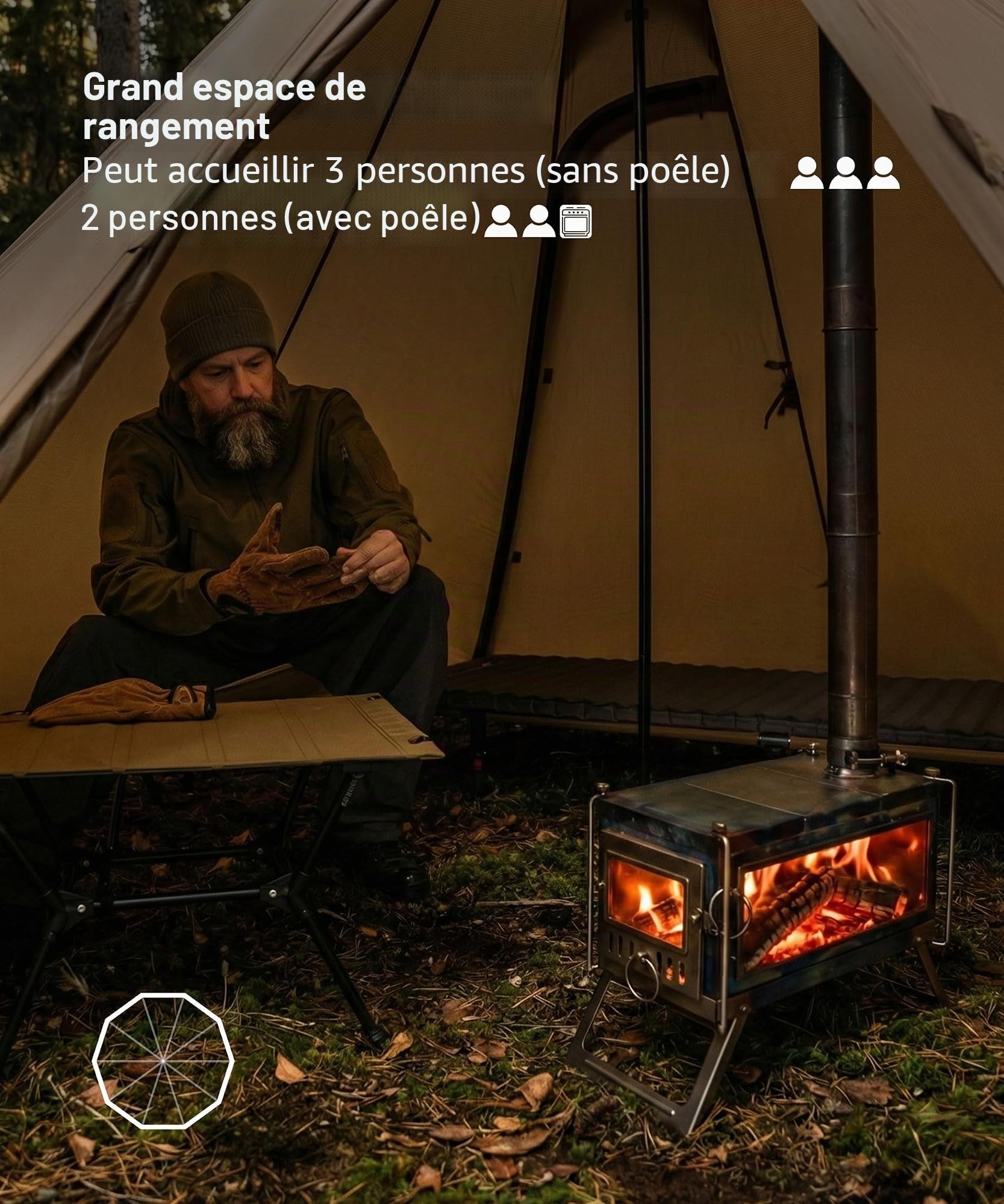 OneTigris NORTHGAZE 2.0 Tente tipi pour 2–4 personnes - Tente de camping extérieure avec ouverture pour poêle - Tente pour 4 saisons étanche 3000 mm - Tente pyramidale (Nylon)