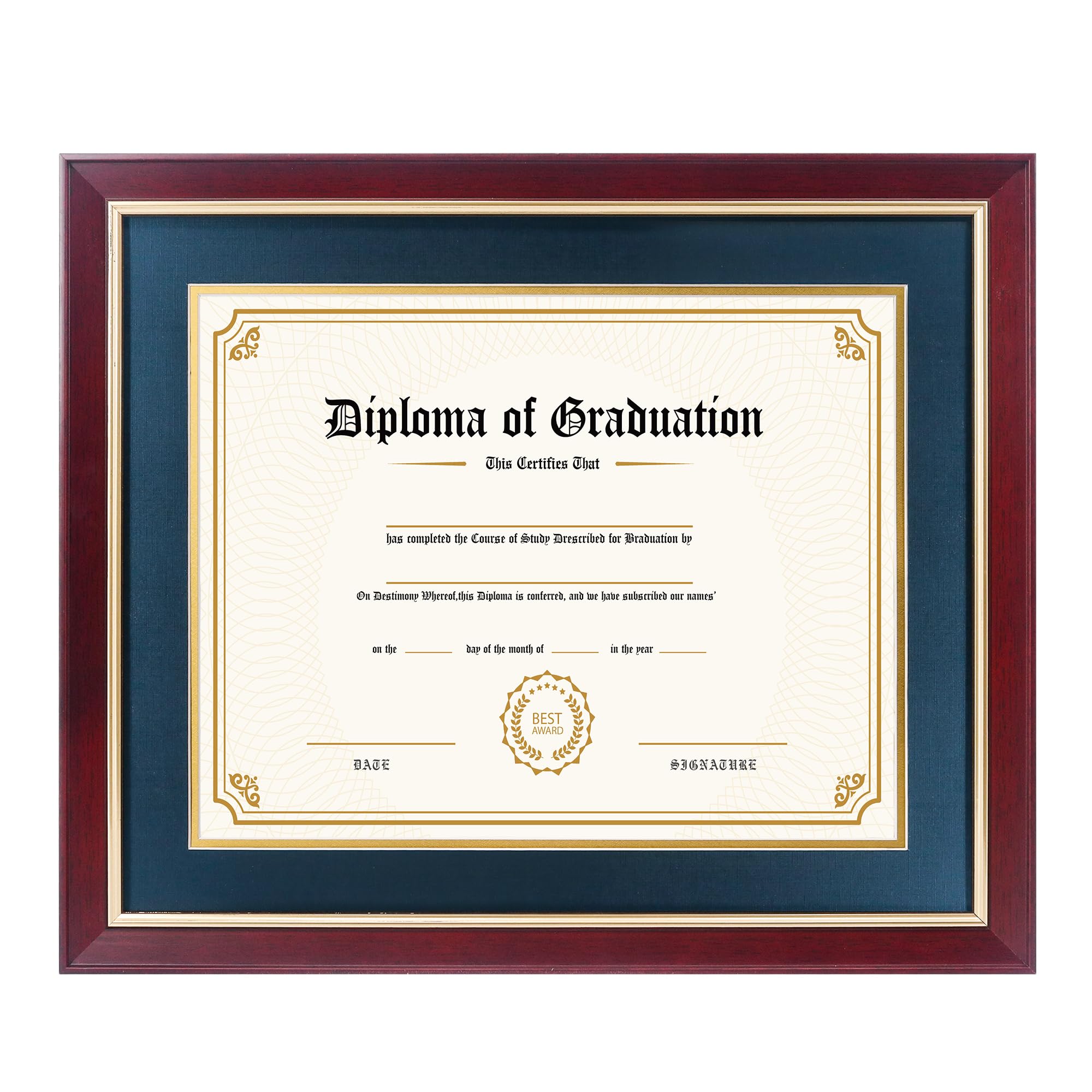 FramePro 11x14 Diploma Frame with Navy over Gold Mat, 14x17 Certificate Frame, Real Wood with Gold Trim, Mahogany Frame with Arcylic