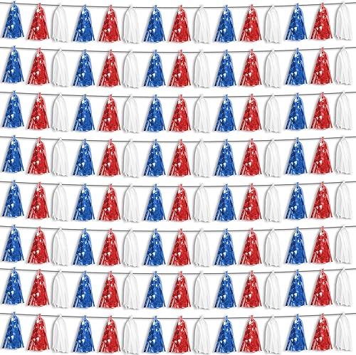 Guirnalda de flecos metálicos con flecos de aluminio de color rojo azul y blanco, guirnalda de borlas para flotadores de desfile, despedida de