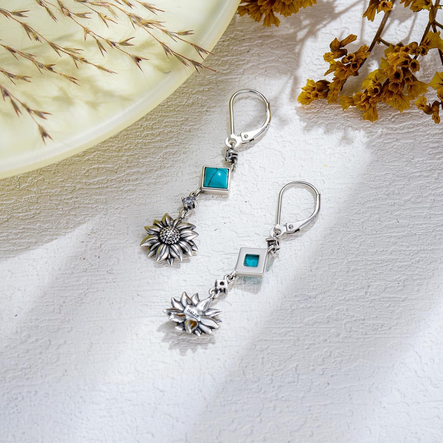 Sunflower Turquoise Earrings 925 Sterling Silver Genuine Turquoise Sunflower Leverback Earrings Jewelry Gift For Women - Image 2