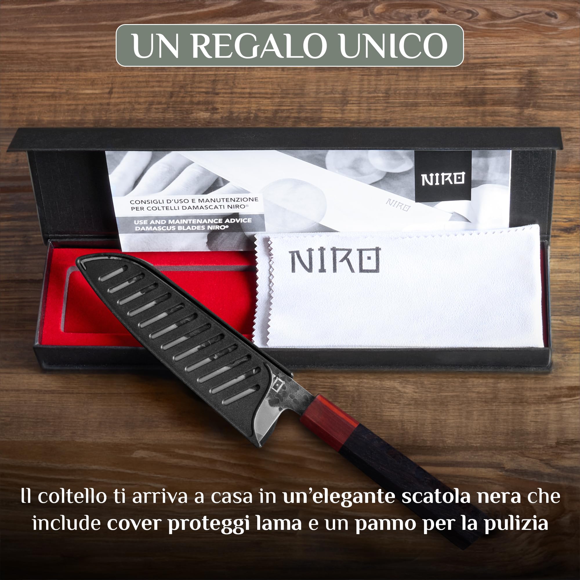 NIRO Coltello Professionale Giapponese Santoku in Acciaio Damascato, 67 Strati, Durezza 60 HRC, Manico Pregiato in Ebano e Sandalo, Bilanciamento perfetto, Resistente all’usura