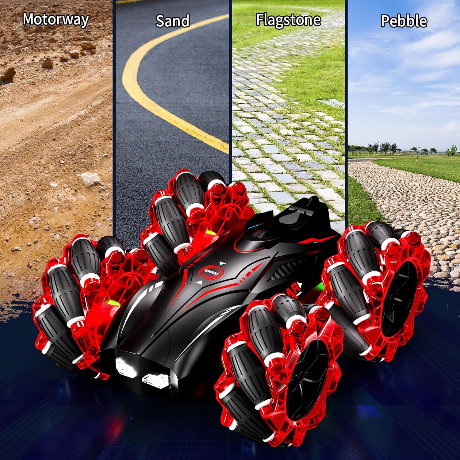 Stunt car operating on various terrains: motorway, sand, flagstone, and pebble