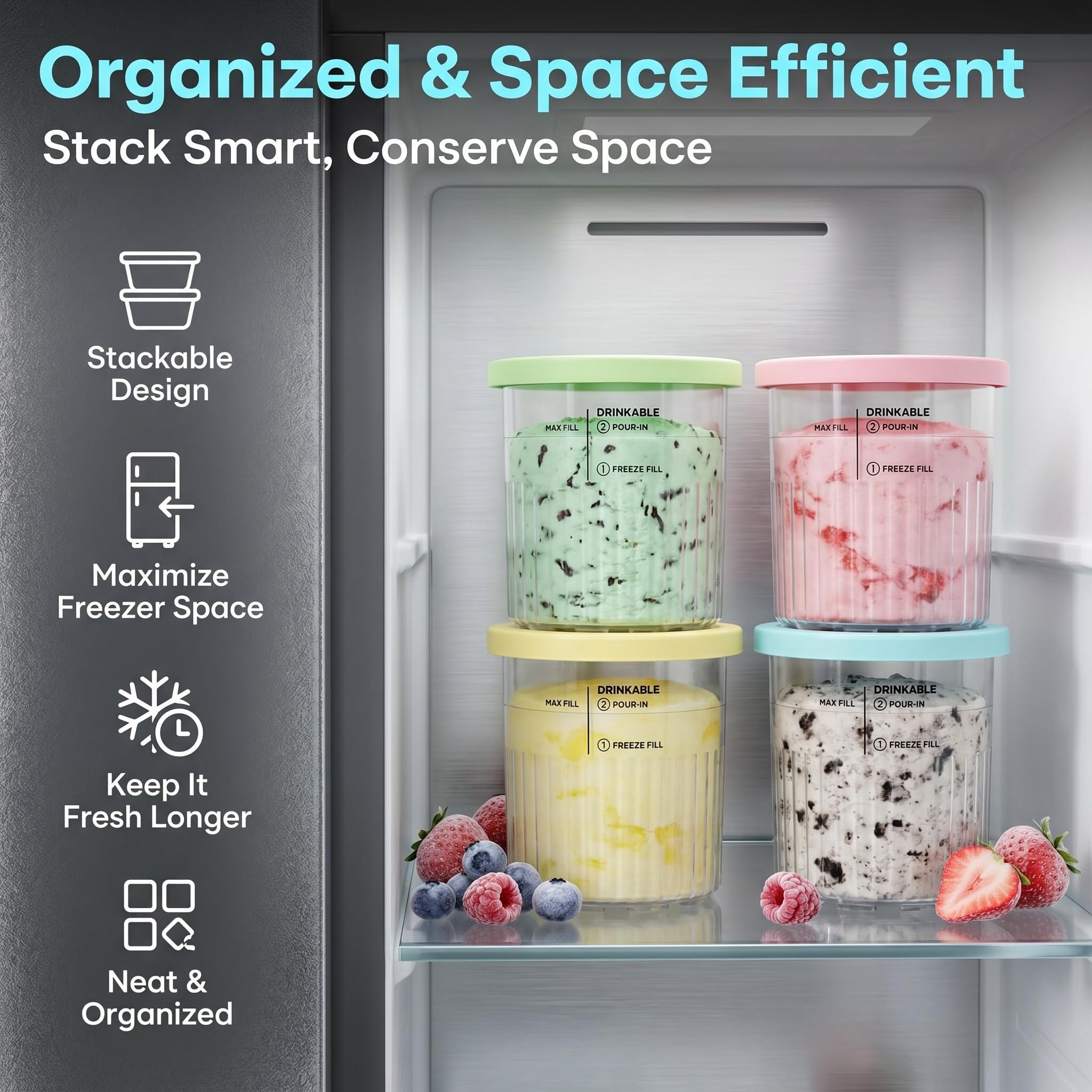 Set di 4 contenitori per ninja CREAMi Deluxe, 24oz Ice Cream Pints con coperchi colorati, inclusi 4 mini cucchiai e porzionatori per gelato in acciaio inox, senza BPA, lavabili in lavastoviglie