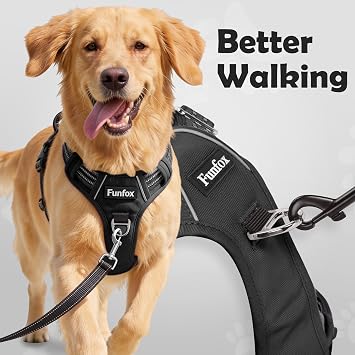 Funfox No Pull Dog Harness for Large Dogs, Adjustable Dog Harness with Handle Reflective Strips for Walking, Anti Pull Breathable Padded Pet Vest Front Clip Easy Control Large Breed Black L