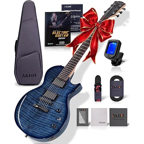 AKLOT Solid-Body LP Electric Guitar: HH Pickups with Coil Splitting, Roasted Maple Neck, Full Size Beginner Electric Guitar Kit with Gig Bag, Cable, Strap, Strings, Tuner, Lessons Book, Storm Blue