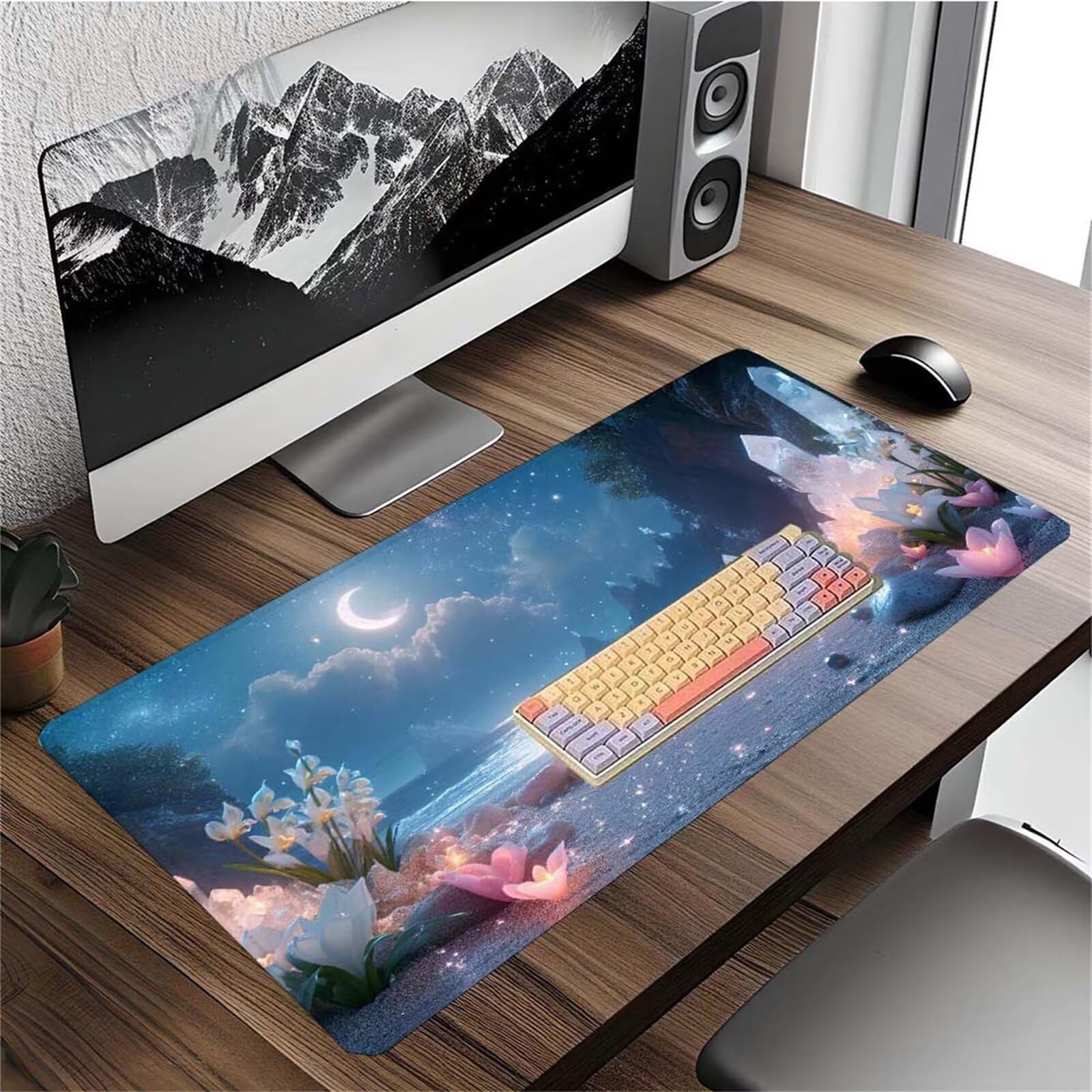Alfombrilla Ratón Luna Océano Alfombrilla Ratón XXL 1400x600x3mm Mouse Pad Resiste Salpicaduras, Extendida de Gran Tamaño con Bordes Cosidos, Mejora Precisión y Velocidad,Antideslizante,Duradera y-467