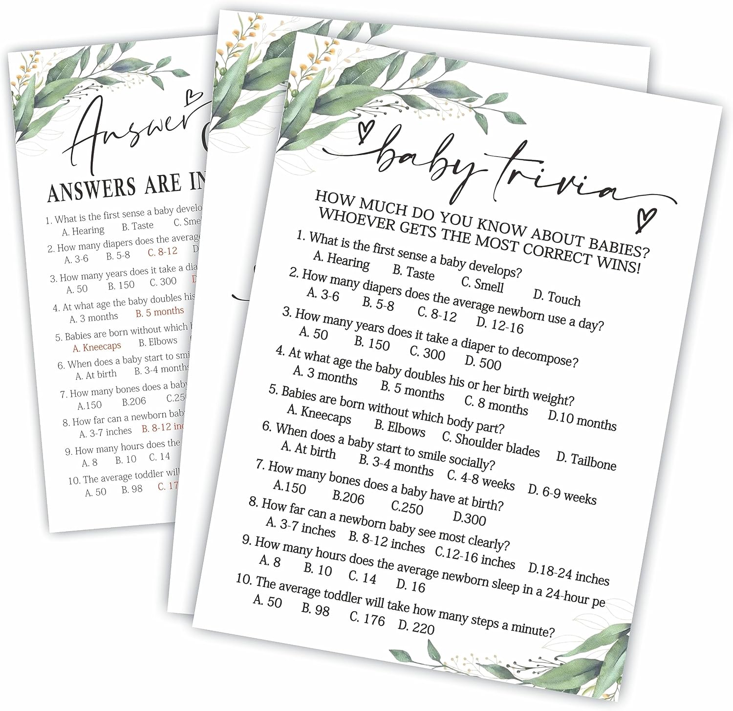 Juego de preguntas para bebés para baby shower, 30 tarjetas de juego con temática de vegetación