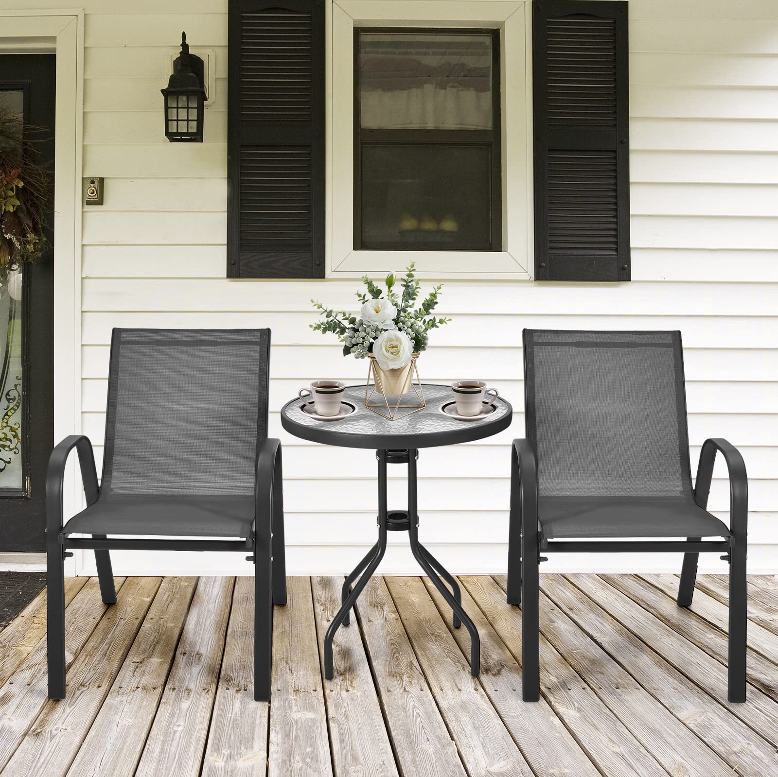 GIANTEX Set di 2 Sedie da Giardino con Tavolo in Vetro, Schienale Alto e Seduta Larga, Telaio in Acciaio Verniciato a Polvere, Tessuto Textilene Traspirante, per Balcone e Esterno (Nero)