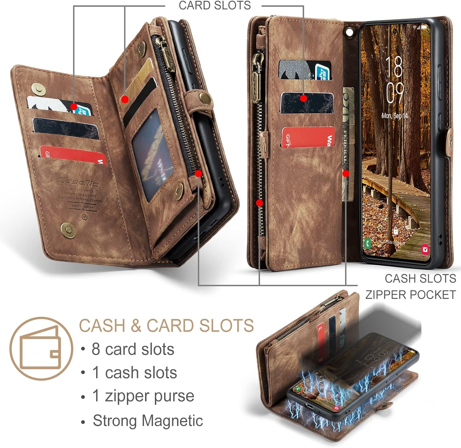 Case for Samsung Galaxy S23 Plus,Genuine Leather Wallet Detachable Magnetic Cell Phone Cover Wireless Charge Zipper Purse RFID Blocking Card Slot Holster for Galaxy S23 Plus (Brown)