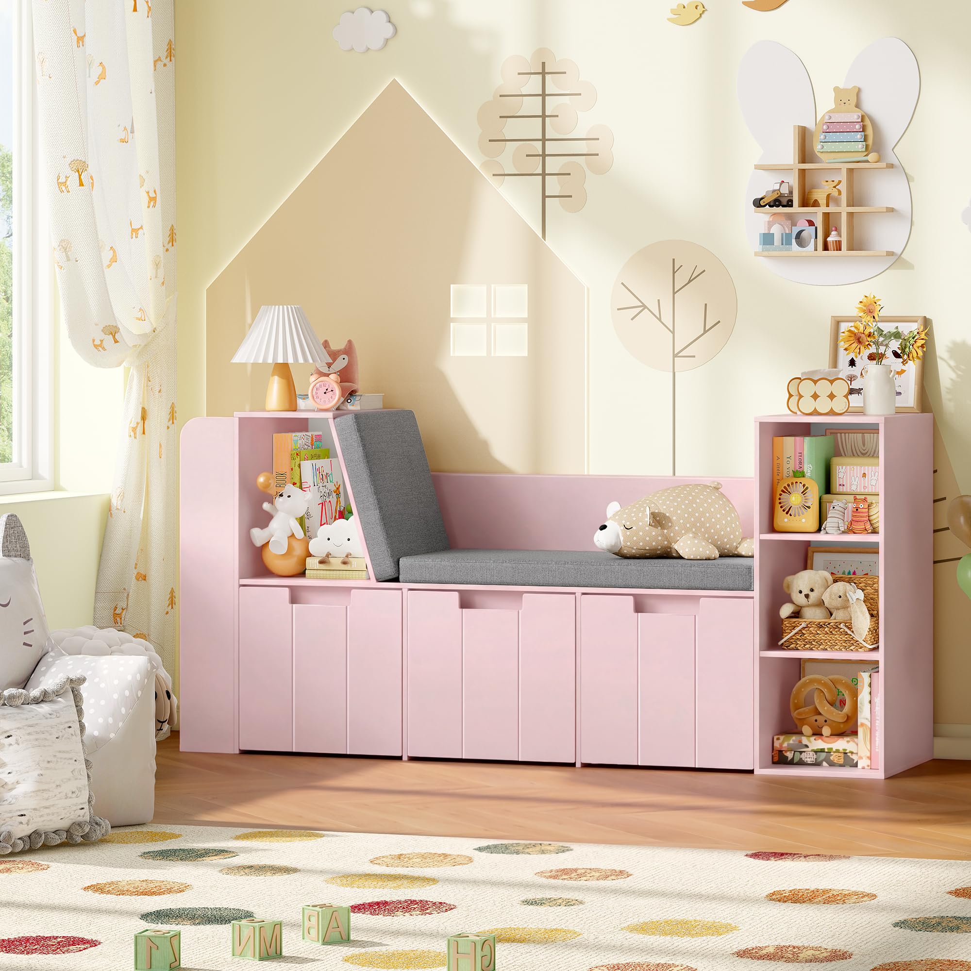 HOCSOK Bibliothèque Enfant, 156 cm Étagère pour Enfants avec Bibliothèque Banc, Meuble Rangement Jouet avec 3 Tiroirs Roulants, Rose, 80×38×156 cm