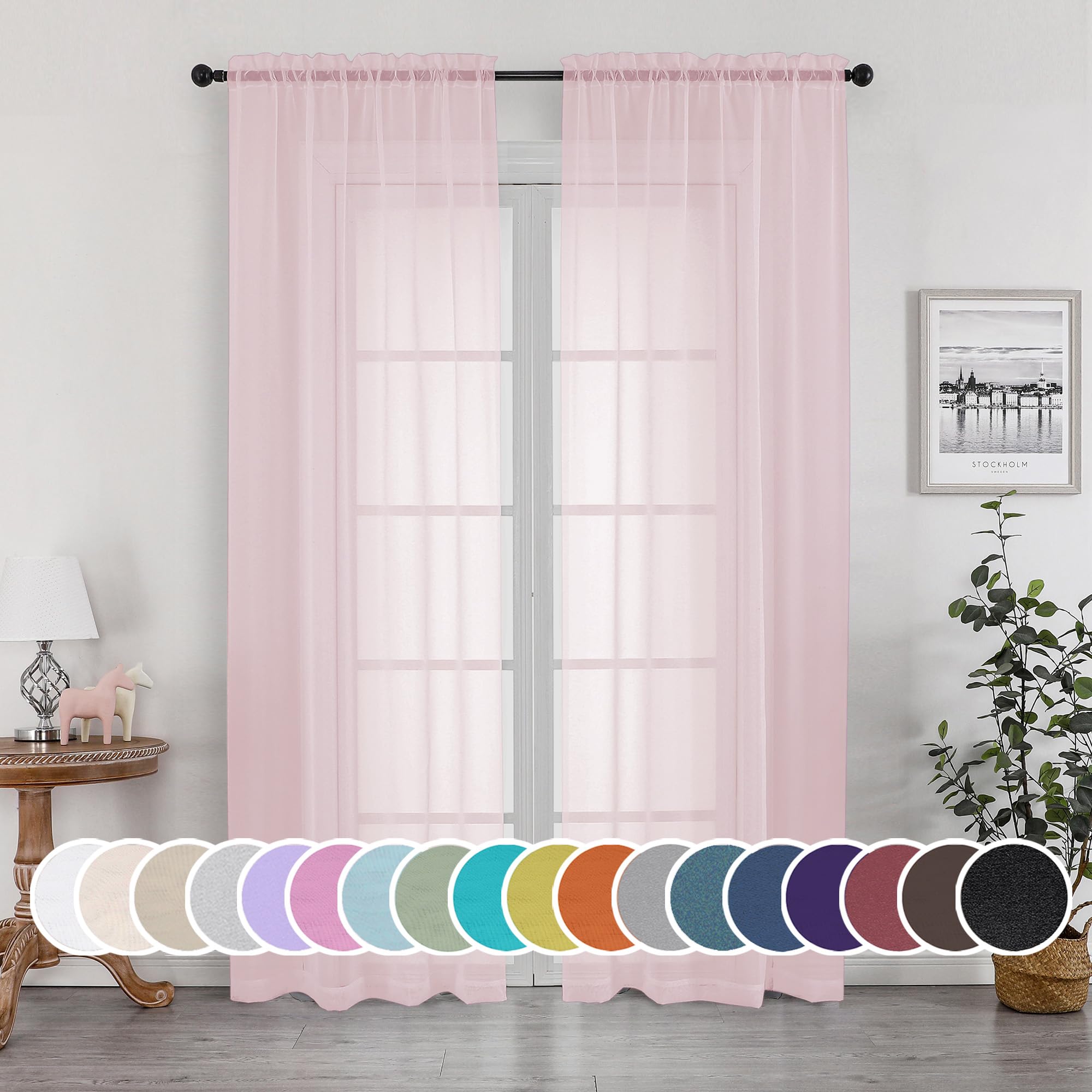 OWEINE Sheer Curtains 90 Inches Long 2 Panels Set, Light Filtering Fimly Voile Solid Blush Window Curtain Panels for Living Room Bedroom, Soft Voile Sheer Curtains &amp; Drapes, Total 84 Inches Width