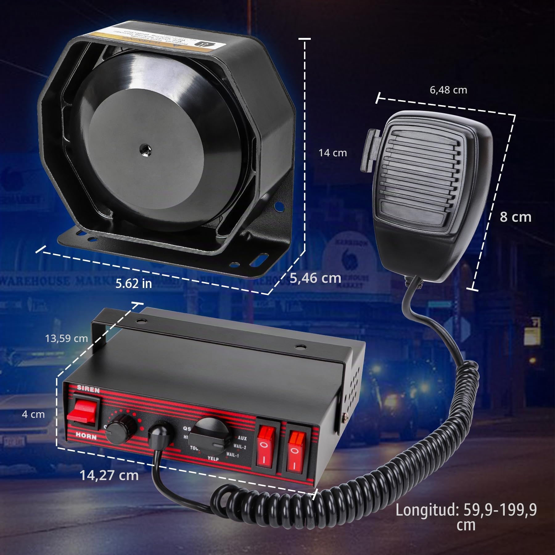 Sirena Policía 200W 130dB Megáfono Altavoz de Emergencia Interruptor Auxiliar Control de Volumen para Coche Camión Ambulancia Vehículo Emergencia con Cable | Volumen ajustable, control fácil de los modos de sirena/altavoz, ideal para emergencia, seguridad