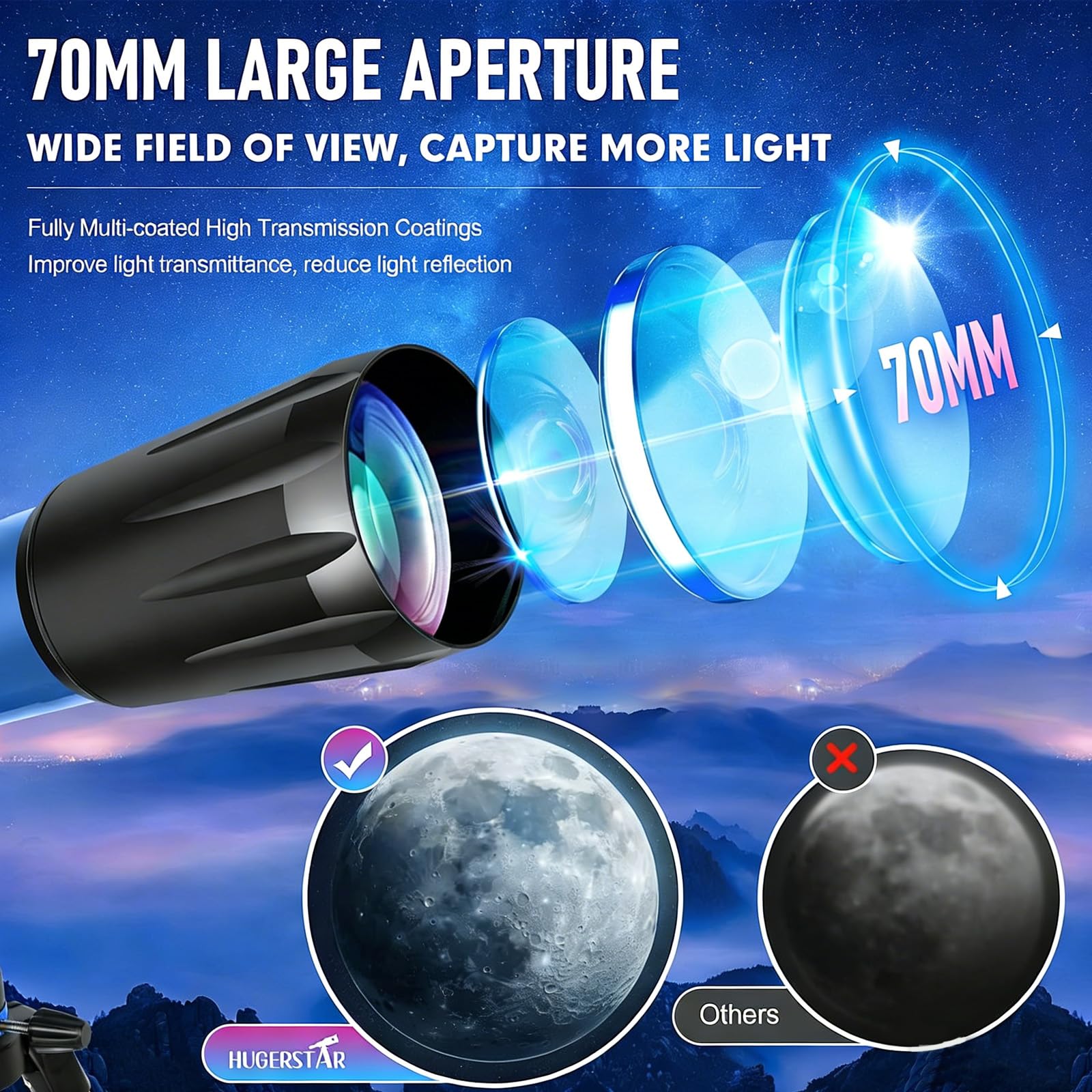 Teleskop Astronomie 70 mm Apertur,Tragbares Telescope Astronomisches Refraktor Teleskope für Kinder & Erwachsene mit 15–150x Vergrößerung,Fernrohr Stativ,Sternenbeobachtung & Smartphone-Adapter