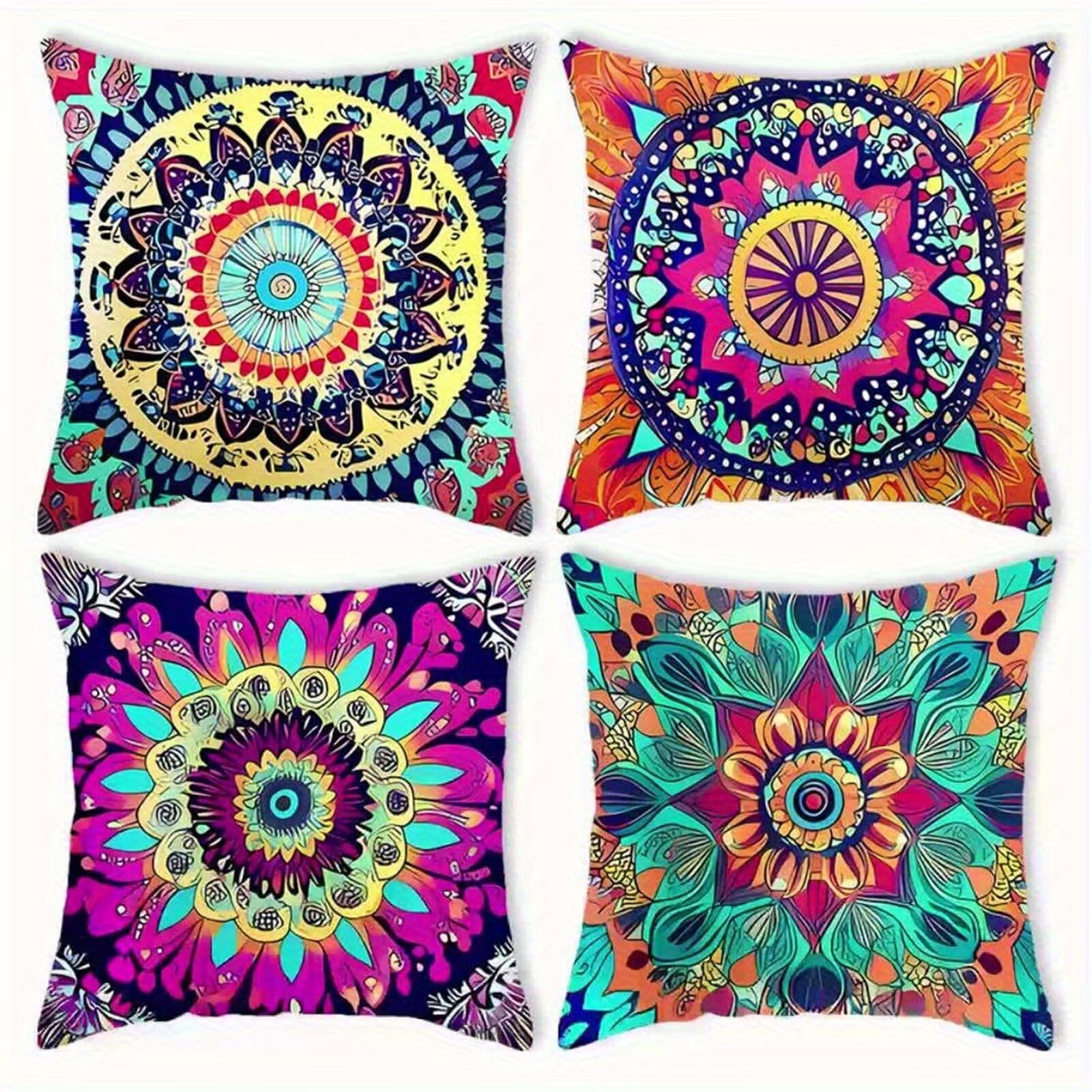 QiHon Set of 4 Decorative Linen Cushion Covers 60x60 cm, Modern Purple Bohemian Square Throw Pillow Cases with Invisible Zipper, Breathable Pillowcases for Sofa Couch Living Room Bedroom Garden