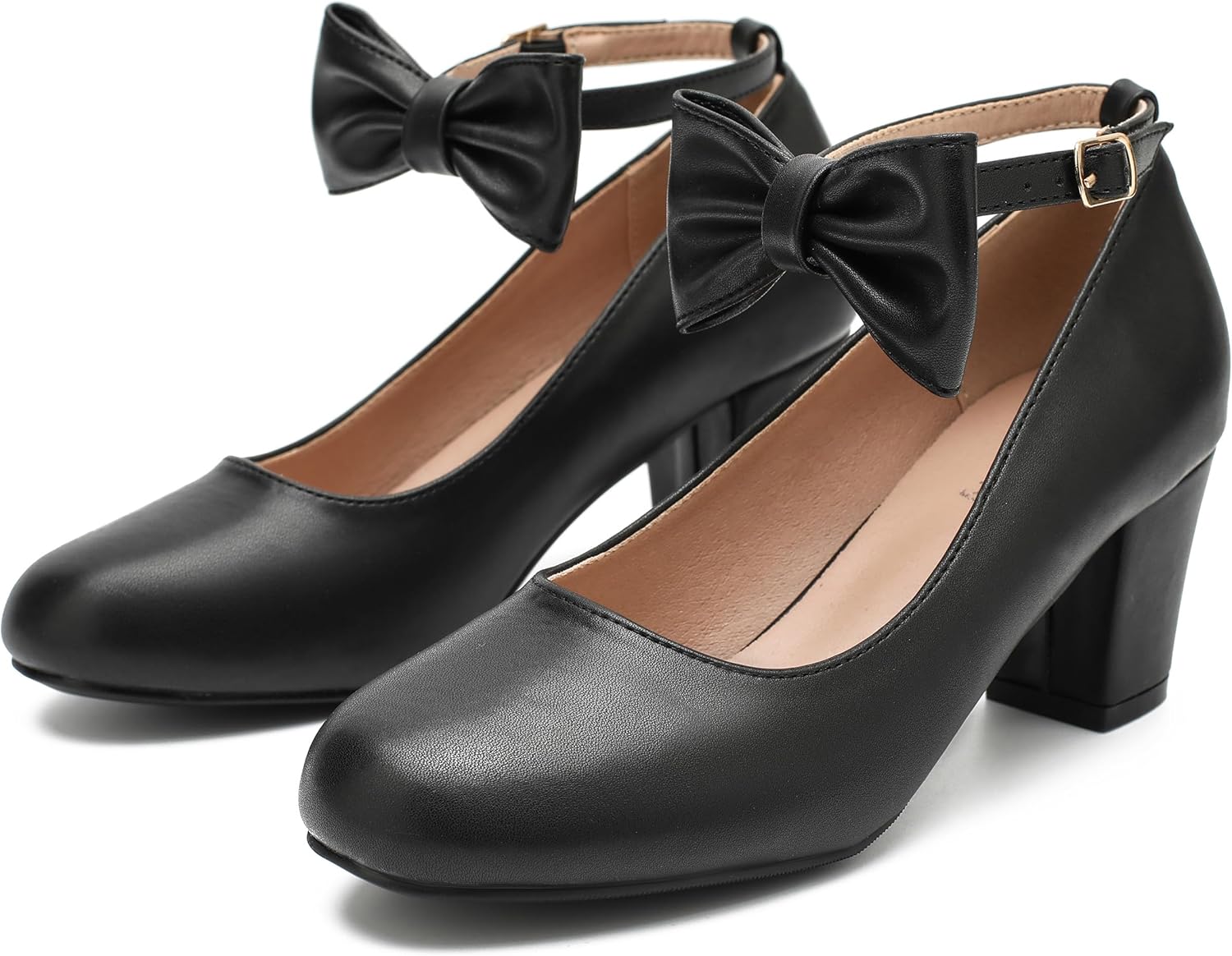 Women's Ankle Strap Pumps, Block Heel, Removable Bow, Closed Round Toe - Image 7