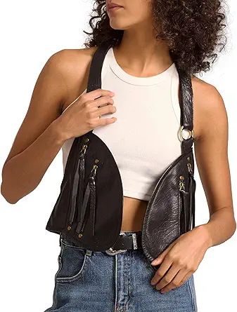 Genuine Leather Women's Harness Vest with Pockets