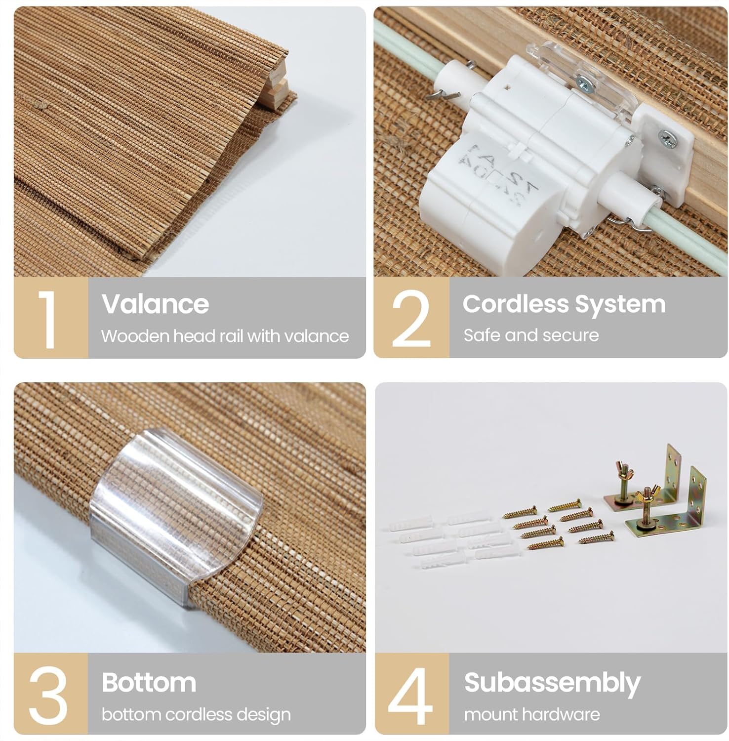 LUSTROWIN No Drill Cordless Roman Shades for Windows, Custom Light Filtering Blackout Window Blinds with Valance, Natural Jute Shades for Bedroom & Living Room, Brown