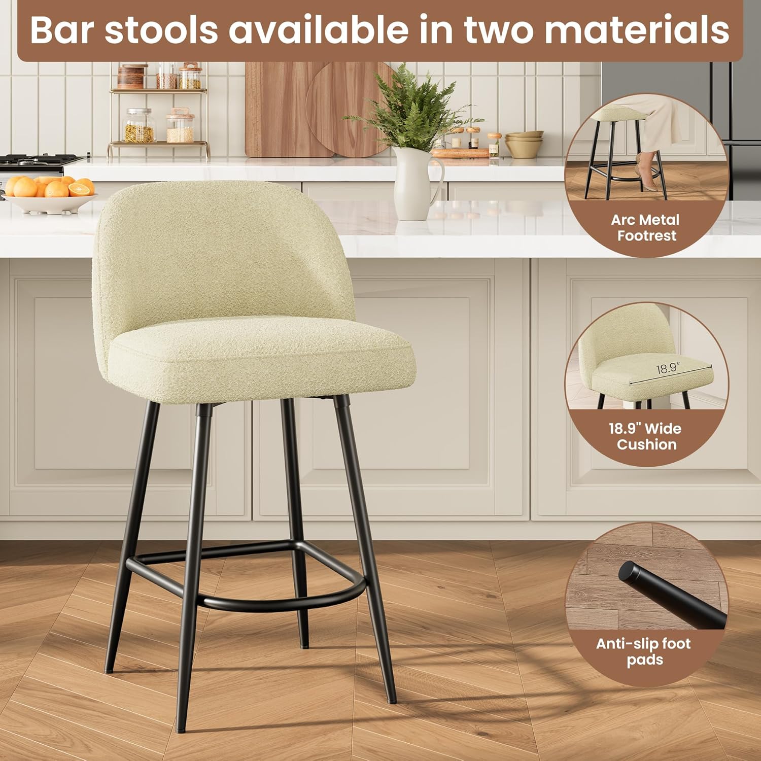 IDEALHOUSE Counter Height Bar Stools Set of 2, 26" Modern Upholstered Barstools with Backs and Metal Legs, Faux Sherpa High Chairs with Arc Metal Footrest for Kitchen Island, Beige