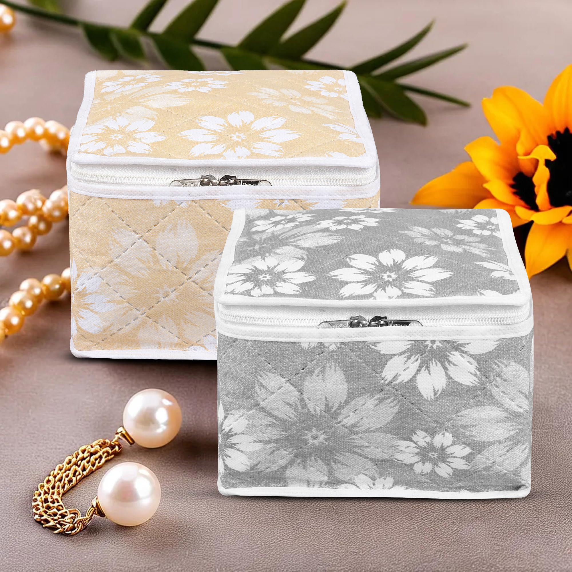 Kuber Industries Makeup Storage Bag | Waterproof Watches Organizer | Jewellery Kit for Woman | 10 Detachable Pouch | Square Locker Kit for Travel | Flower Quilted | Pack of 2 | Multi