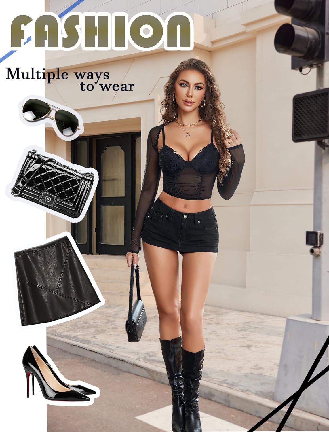 Avidlove Mesh Crop Top with Shrug Long Sleeve Sheer Top Sexy Low Cut Shirt Going Out 2 Pieces Clubwear - Image 5