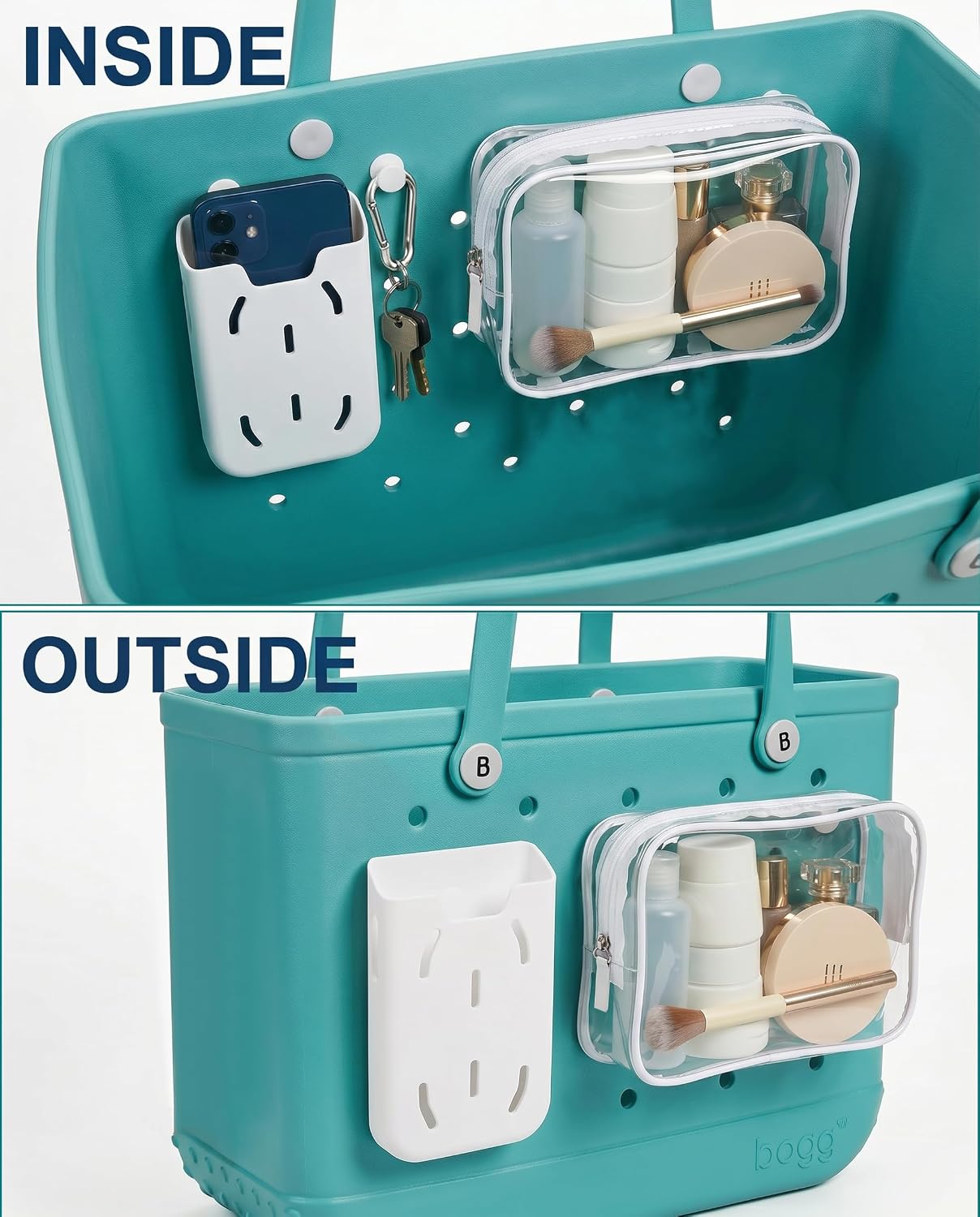6PCS Compatible with Original Suitable for Medium & Large Bogg Bag, Silicone Phone Holder & Hooks Set Accessories for Inside and Outside of Bogg Bag Clear PVC Insert Bag Travel Cosmetic Organizer