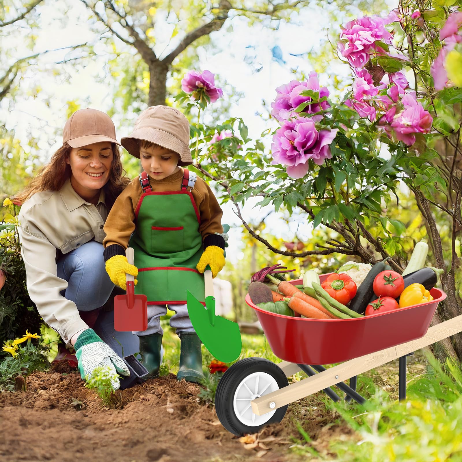 Qtioucp Brouette pour enfants avec outils de jardinage pour garçons et filles de 3 à 8 ans, avec pelle, râteau, râteau à feuilles, cadeaux d'anniversaire de Pâques