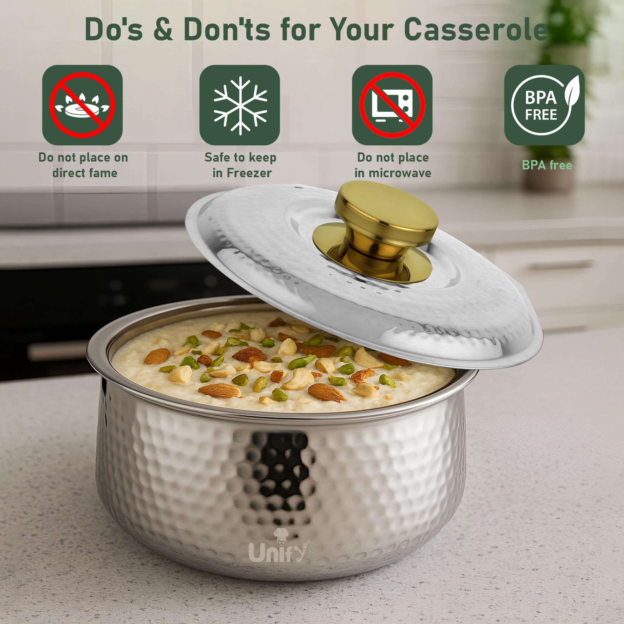 Unify Inox Stainless Steel Insulated Casserole Hot Pot 1600 ML with PVD Gold Plated Handle | Hammered Finish Roti Server & Chapati Box | Food-Grade BPA Free | Keeps Food Fresh (Silver) 4